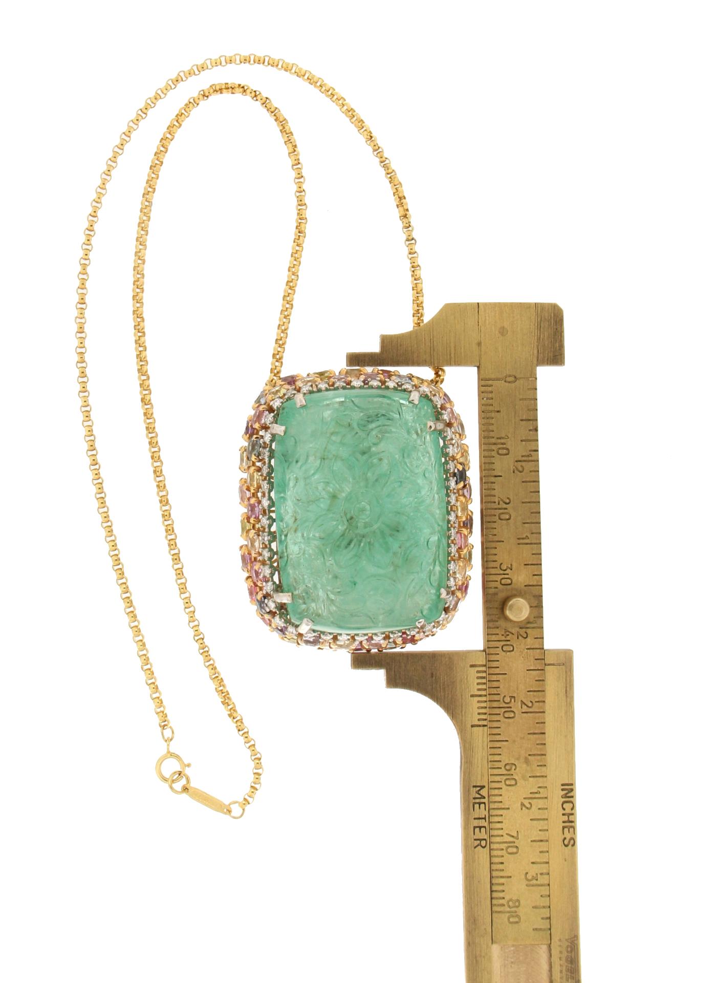 Handcraft Emerald 18 Karat Yellow Gold Diamonds Sapphires Pendant Necklace 1