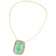 Handcraft Emerald 18 Karat Yellow Gold Diamonds Sapphires Pendant Necklace