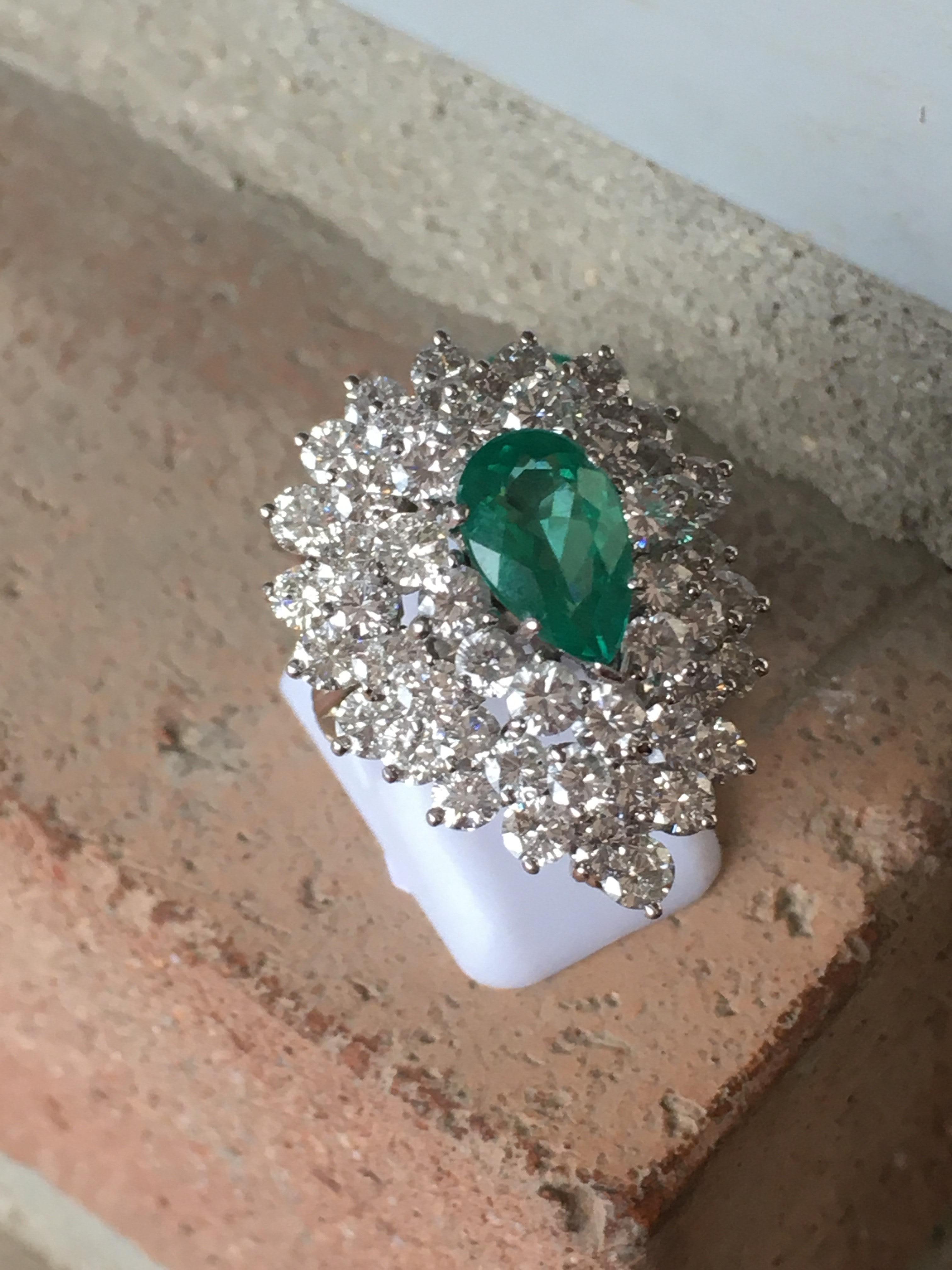 Handcraft Emerald Diamond Cluster Platinum Ring 7