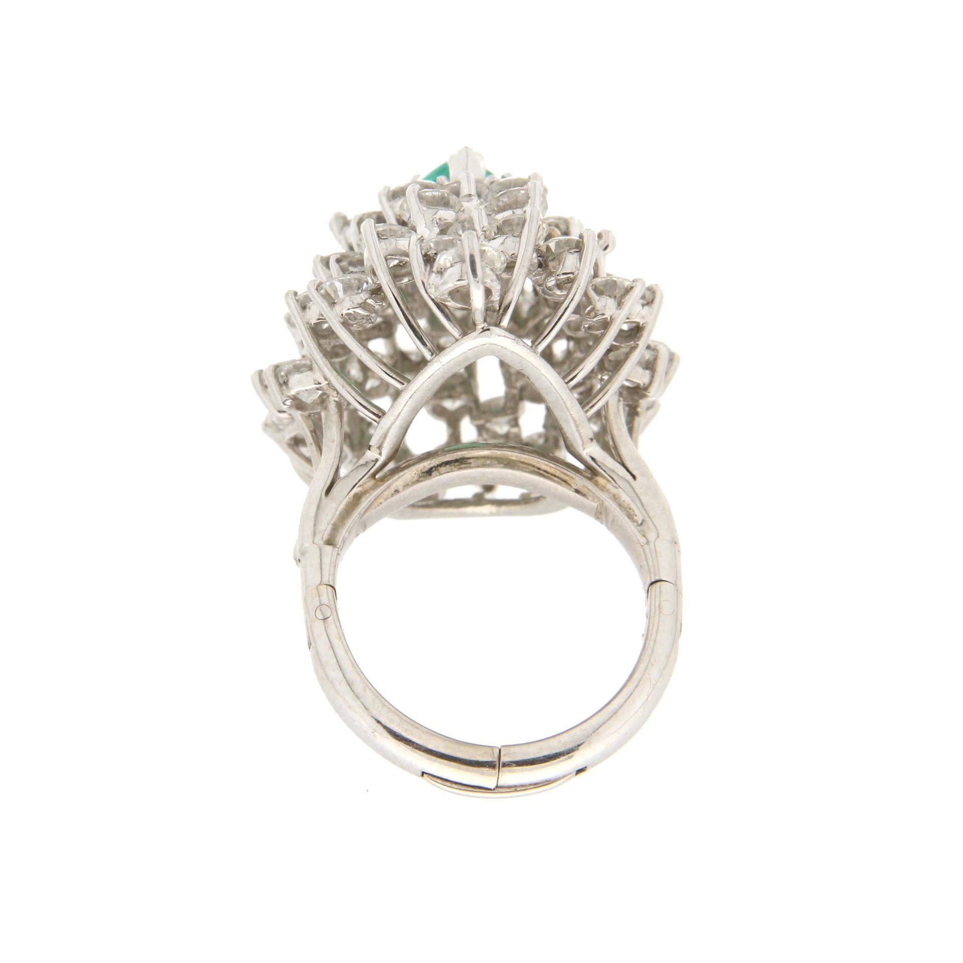 Women's Handcraft Emerald Diamond Cluster Platinum Ring