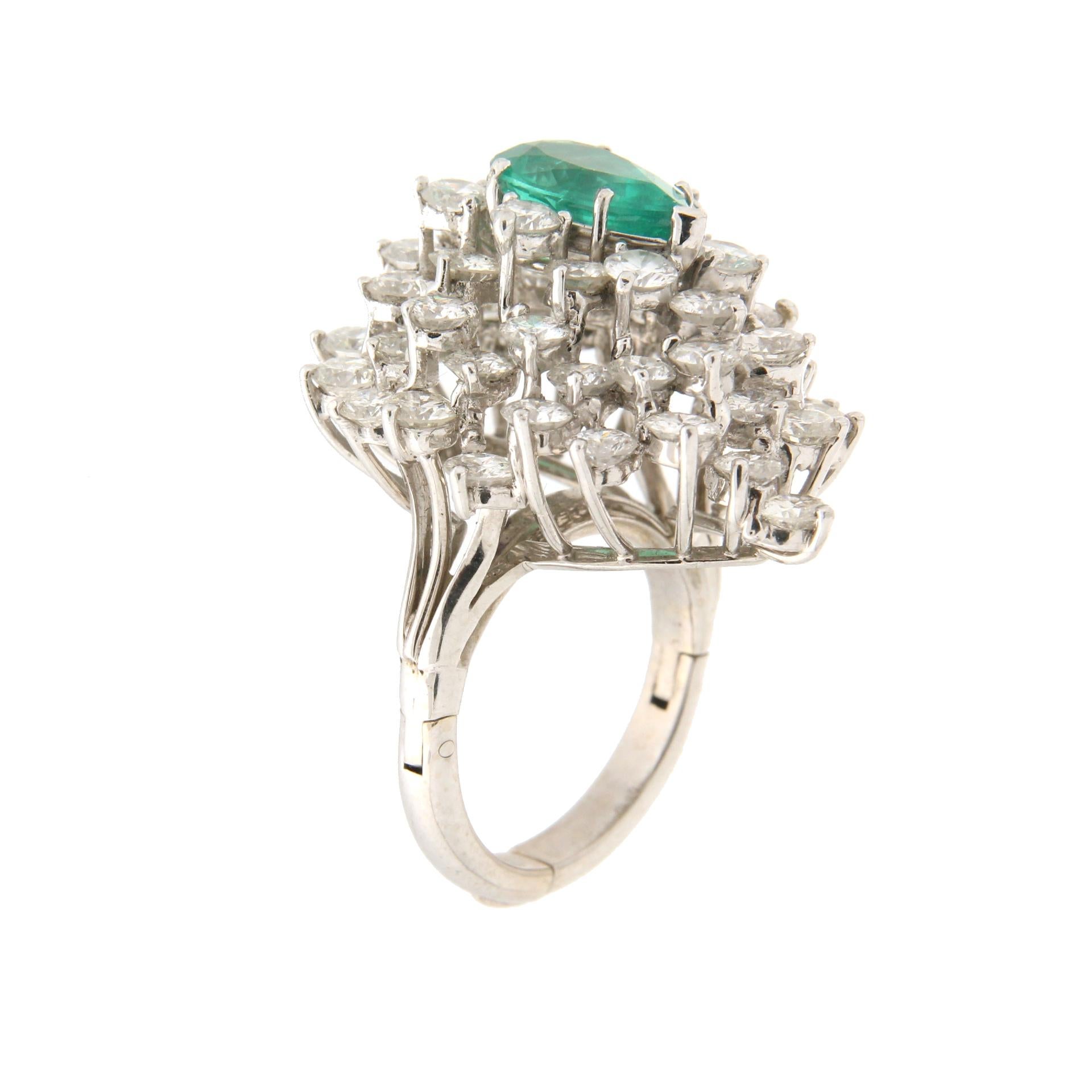 Handcraft Emerald Diamond Cluster Platinum Ring 3