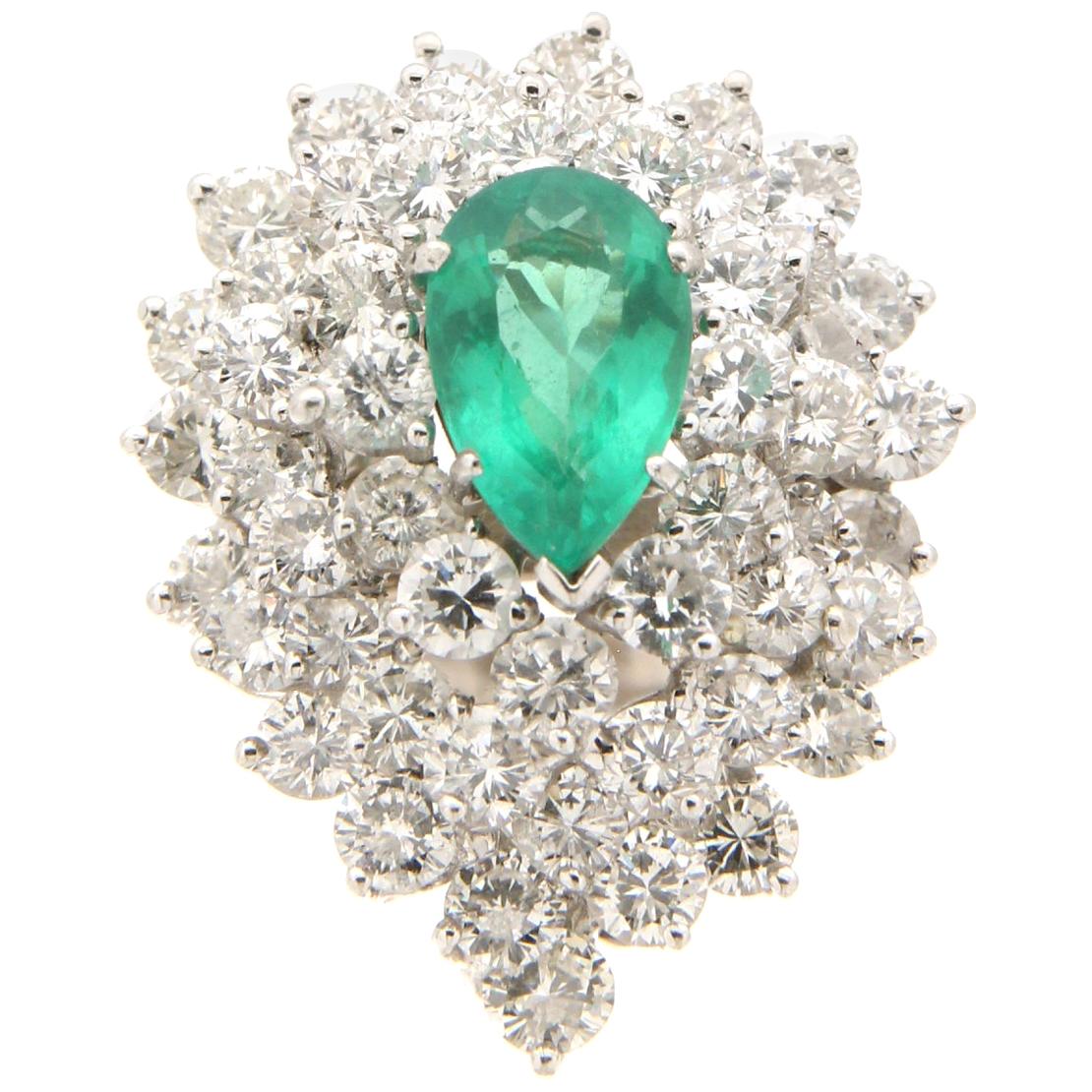 Fine Emerald Diamond Platinum Double Cluster Ring For Sale at 1stDibs