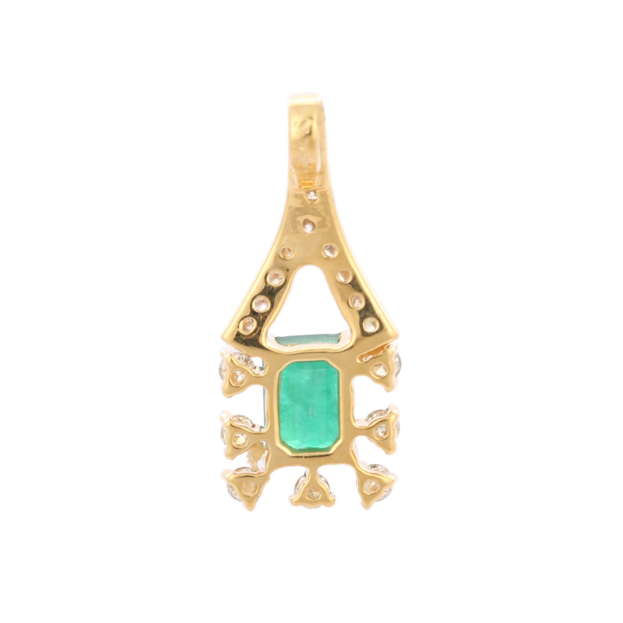 Octagon Cut Handcraft Emerald Pendant with Diamonds in 18K Yellow Gold For Sale