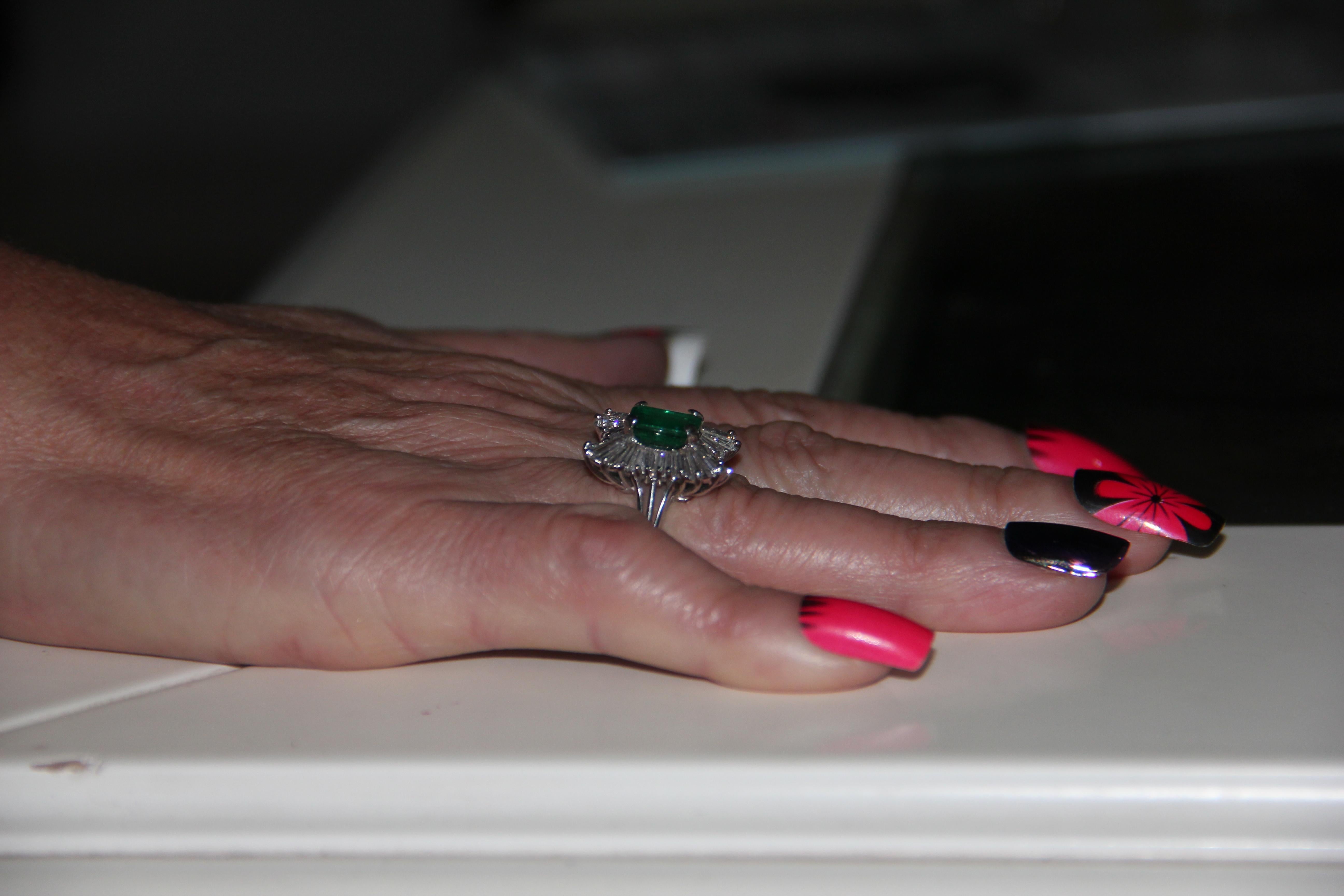 Handcraft Emerald Platinum Baguette Diamonds Cocktail Ring For Sale 3