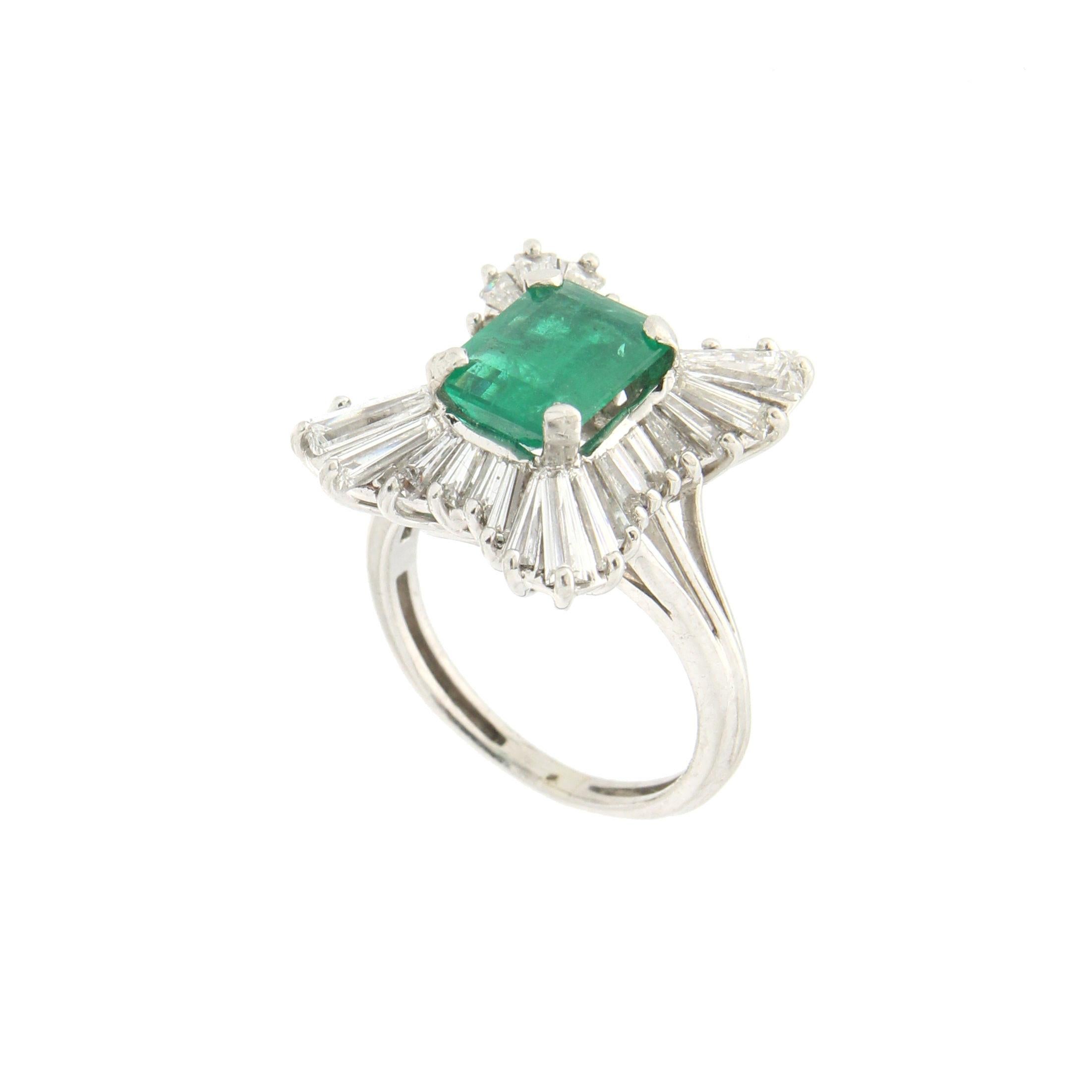 Artisan Handcraft Emerald Platinum Baguette Diamonds Cocktail Ring For Sale