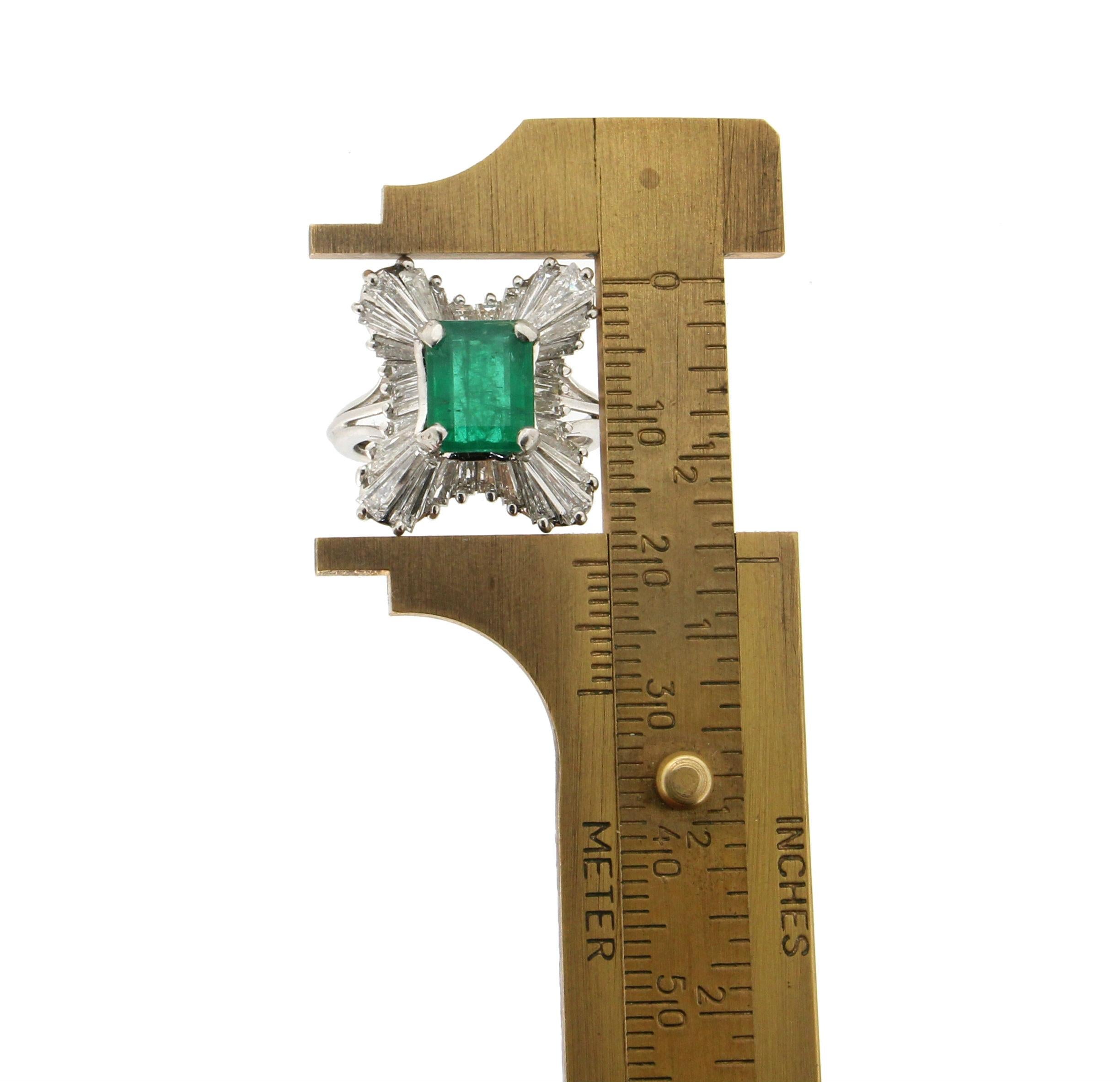 Women's or Men's Handcraft Emerald Platinum Baguette Diamonds Cocktail Ring For Sale