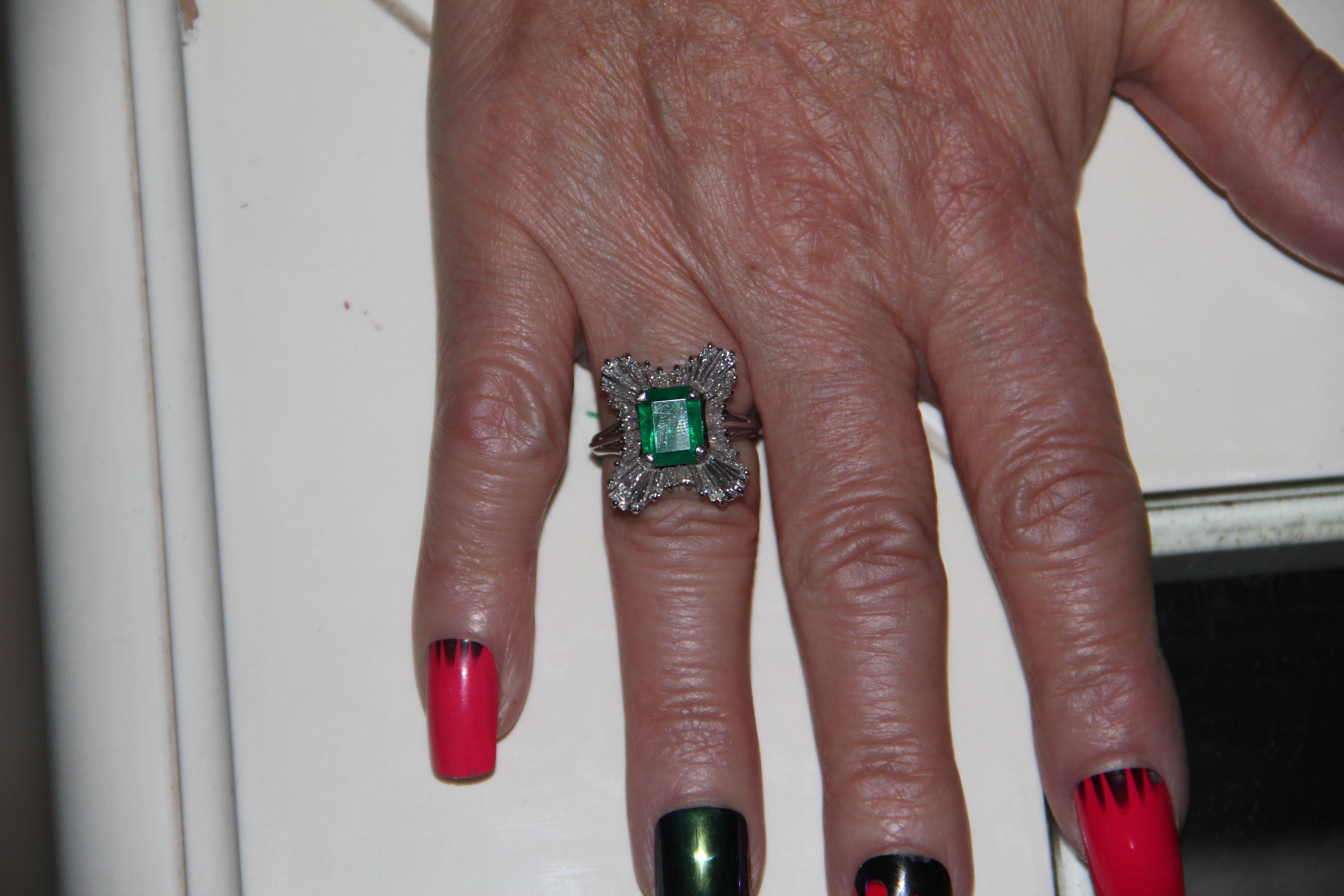 Handcraft Emerald Platinum Baguette Diamonds Cocktail Ring For Sale 1