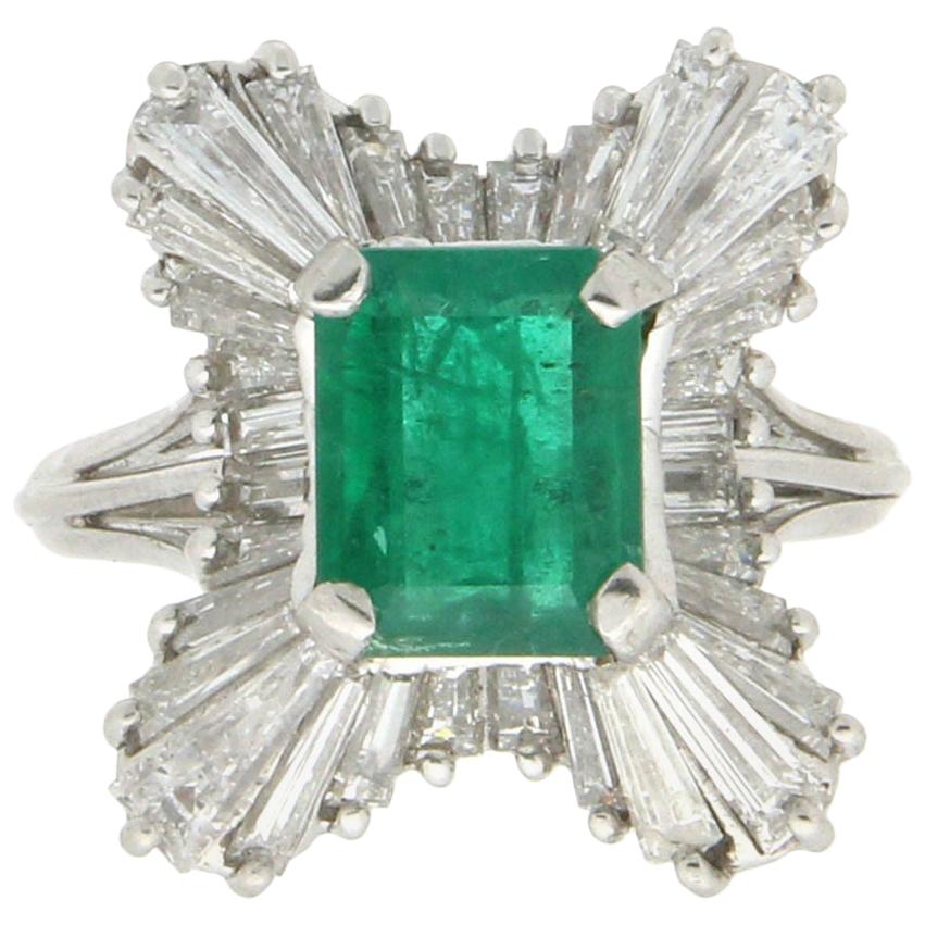 Handcraft Emerald Platinum Baguette Diamonds Cocktail Ring For Sale