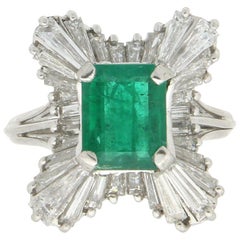 Handcraft Emerald Platinum Baguette Diamonds Cocktail Ring