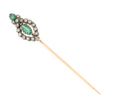 Victorian Emerald Natural Diamond 14K Yellow Gold & Silver Stickpin Brooch