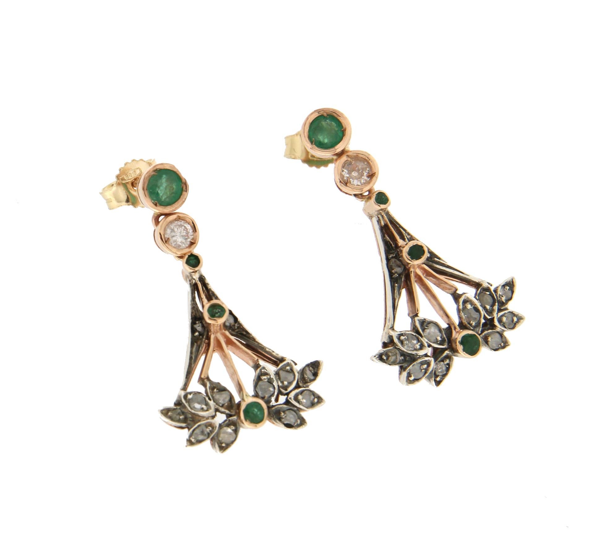 Artisan Handcraft Emeralds 14 Karat Yellow Gold Diamonds Drop Earrings For Sale