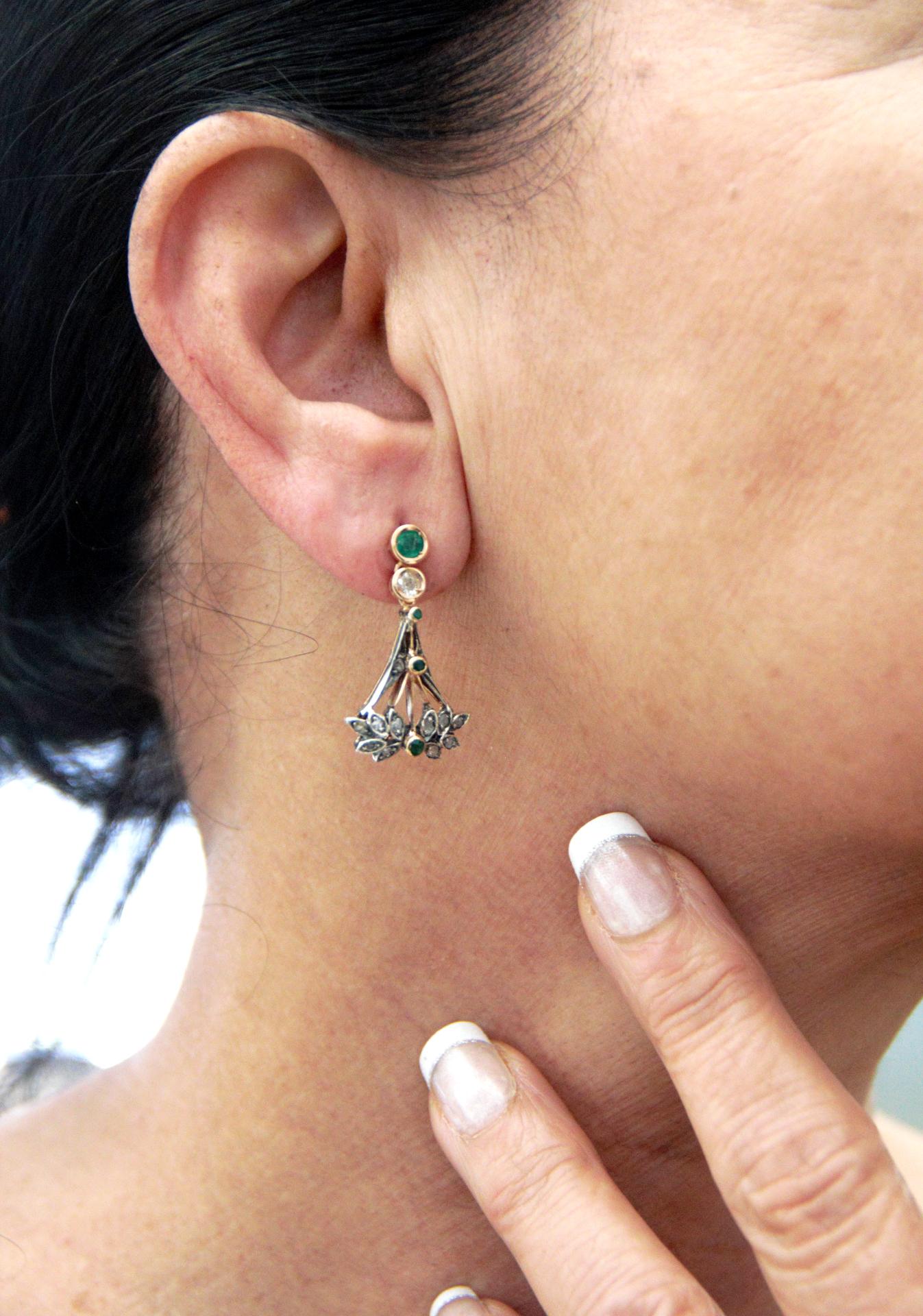 Handcraft Emeralds 14 Karat Yellow Gold Diamonds Drop Earrings For Sale 1
