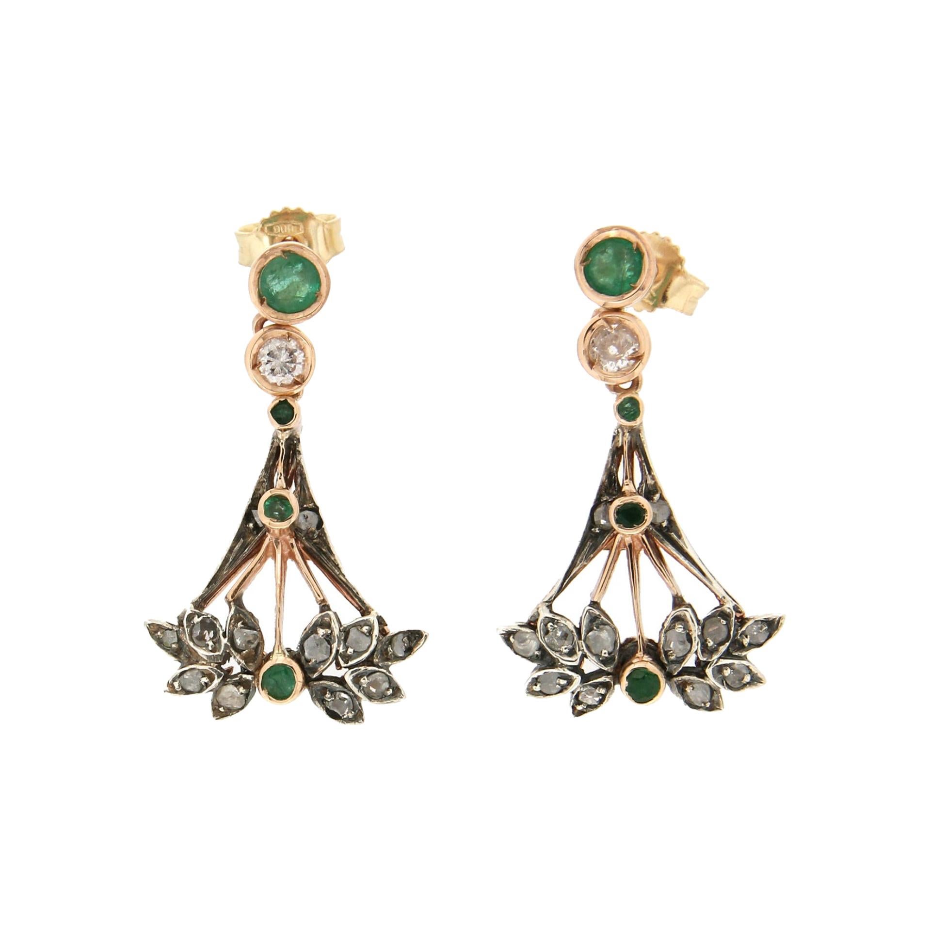 Handcraft Emeralds 14 Karat Yellow Gold Diamonds Drop Earrings For Sale