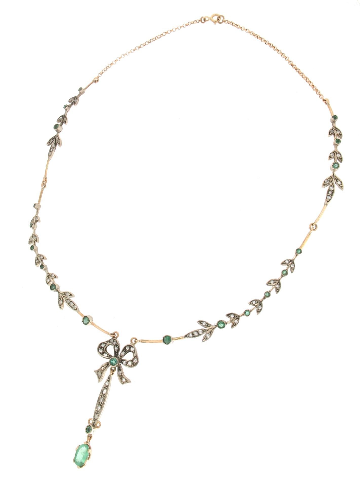 Artisan Handcraft Emeralds 14 Karat Yellow Gold Diamonds Drop Necklace