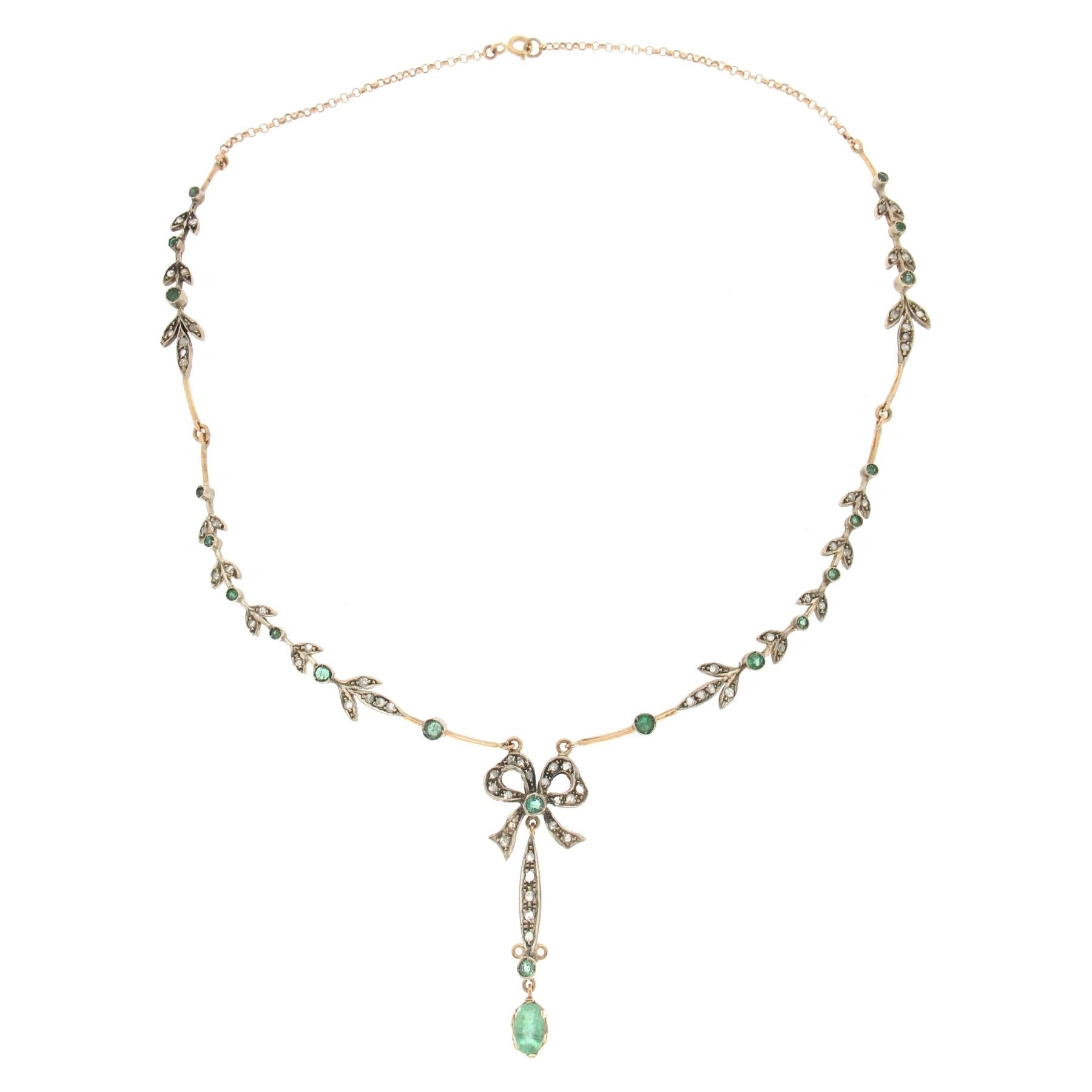 Handcraft Emeralds 14 Karat Yellow Gold Diamonds Drop Necklace