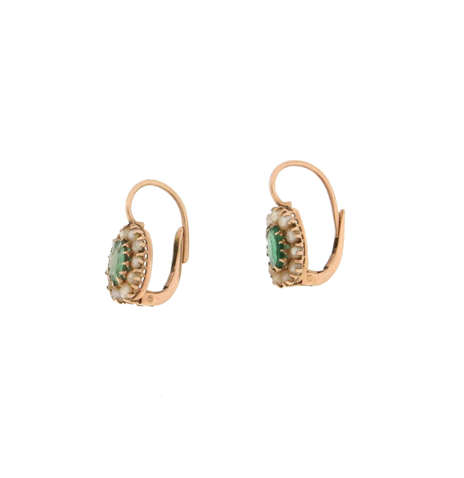 Artisan Handcraft Emeralds 14 Karat Yellow Gold Pearls Drop Earrings For Sale