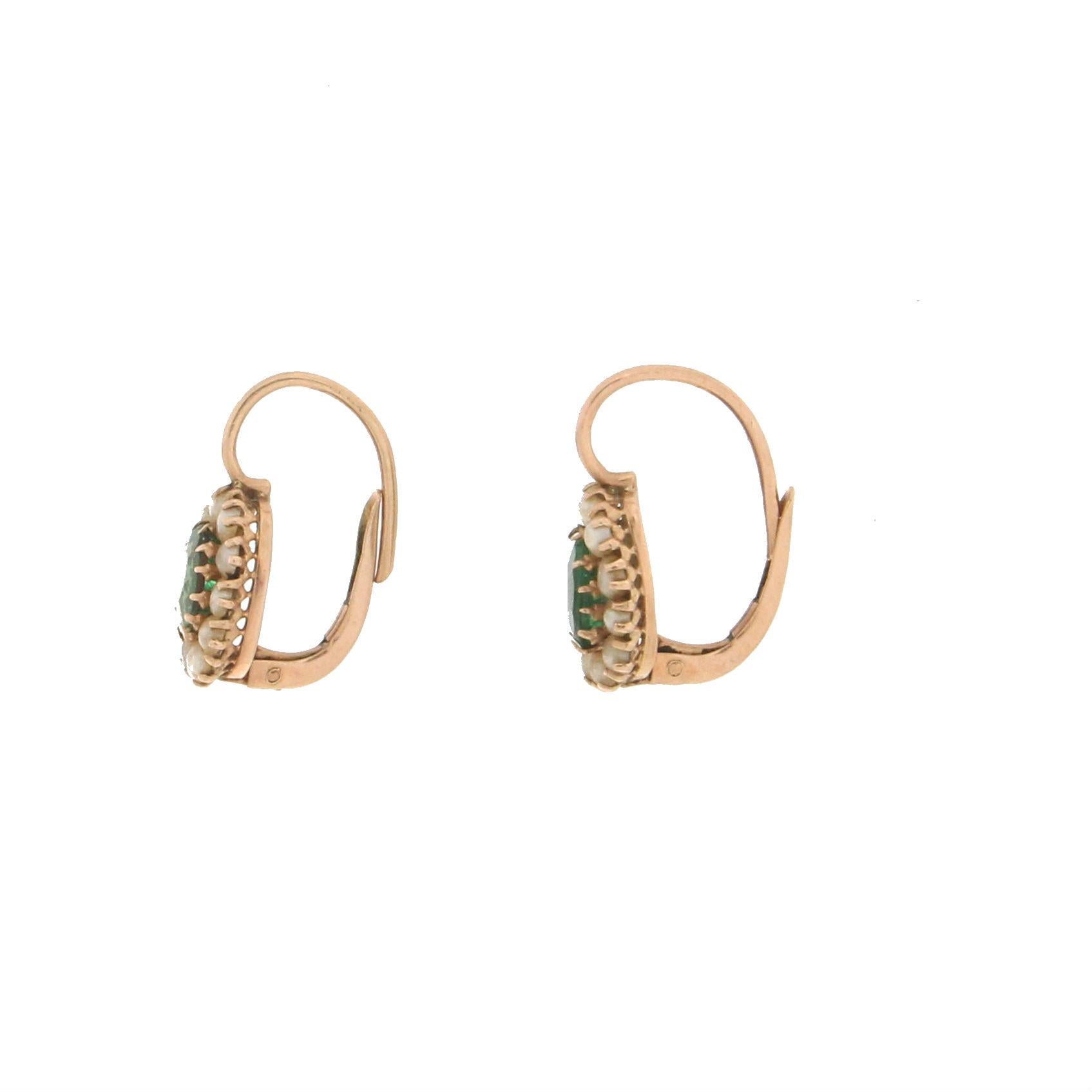 Emerald Cut Handcraft Emeralds 14 Karat Yellow Gold Pearls Drop Earrings For Sale