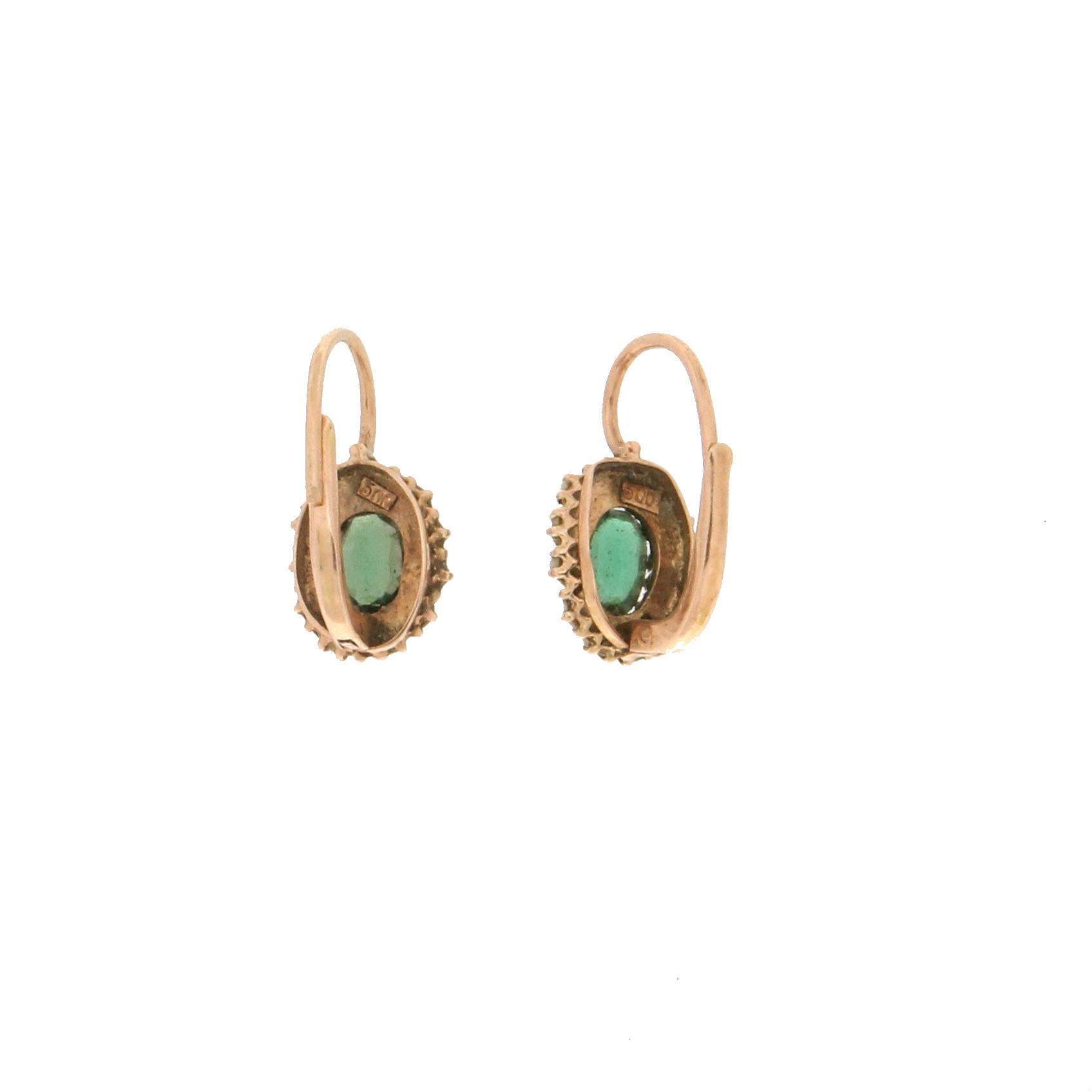 Women's or Men's Handcraft Emeralds 14 Karat Yellow Gold Pearls Drop Earrings