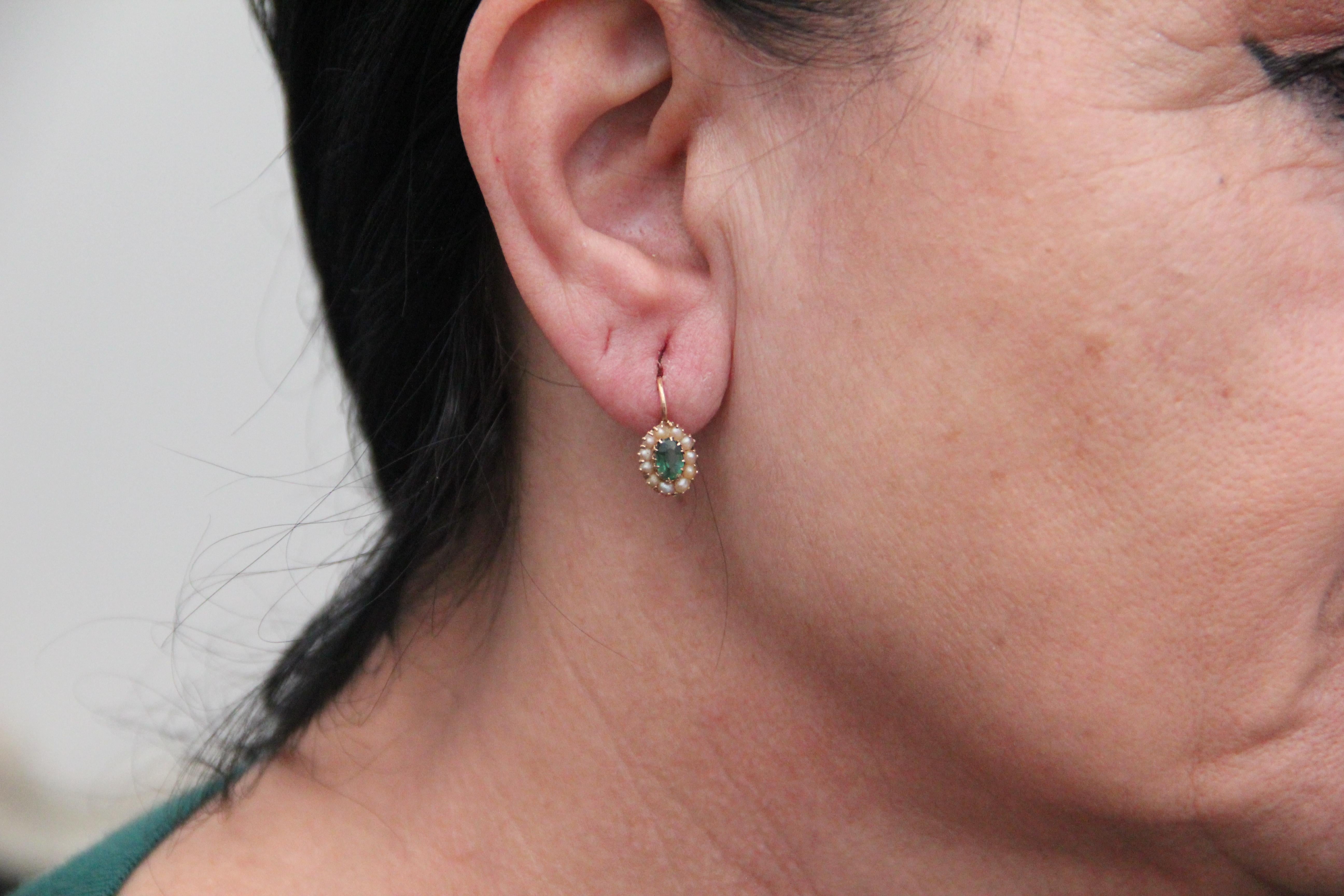 Handcraft Emeralds 14 Karat Yellow Gold Pearls Drop Earrings For Sale 1