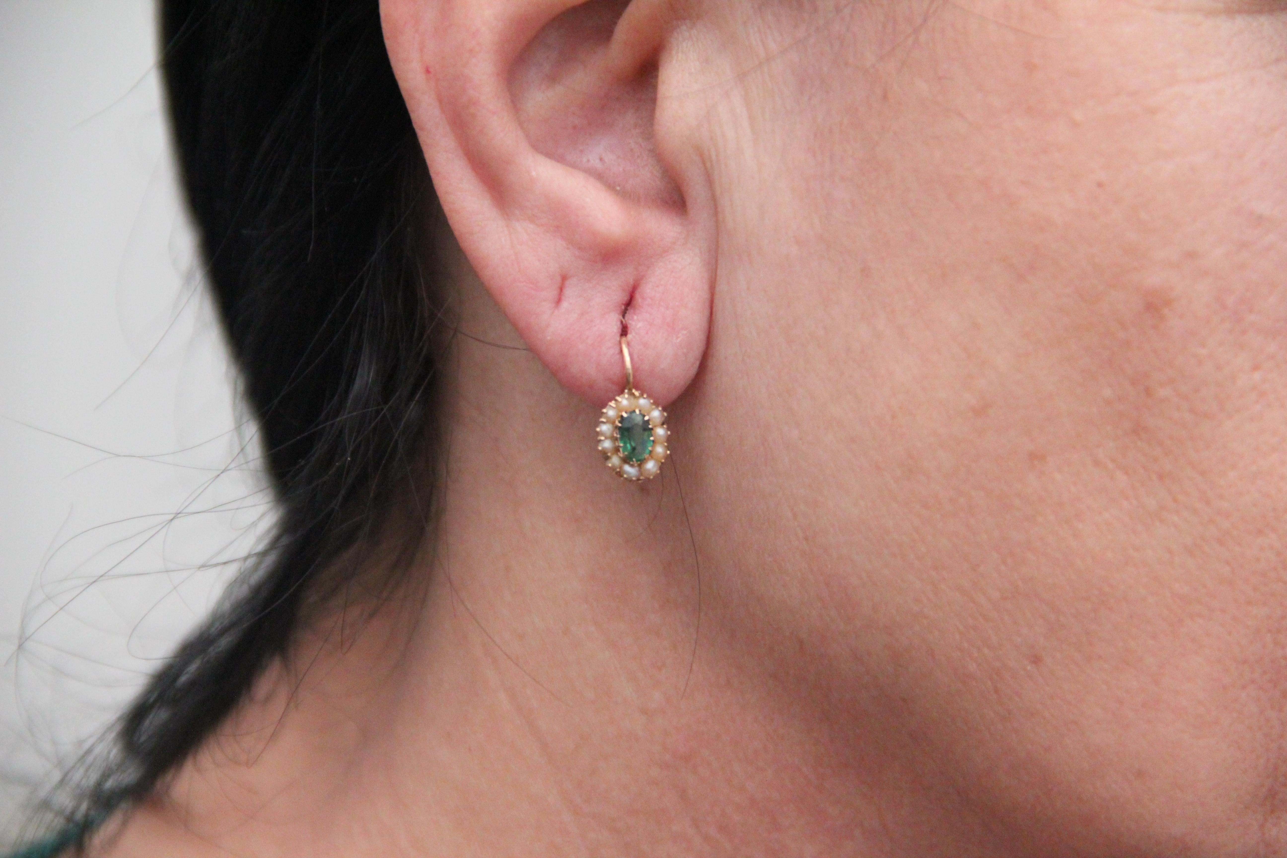 Handcraft Emeralds 14 Karat Yellow Gold Pearls Drop Earrings For Sale 2