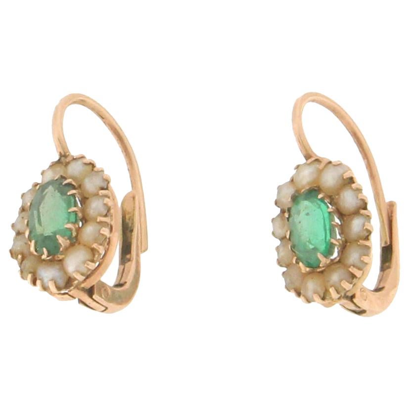 Handcraft Emeralds 14 Karat Yellow Gold Pearls Drop Earrings