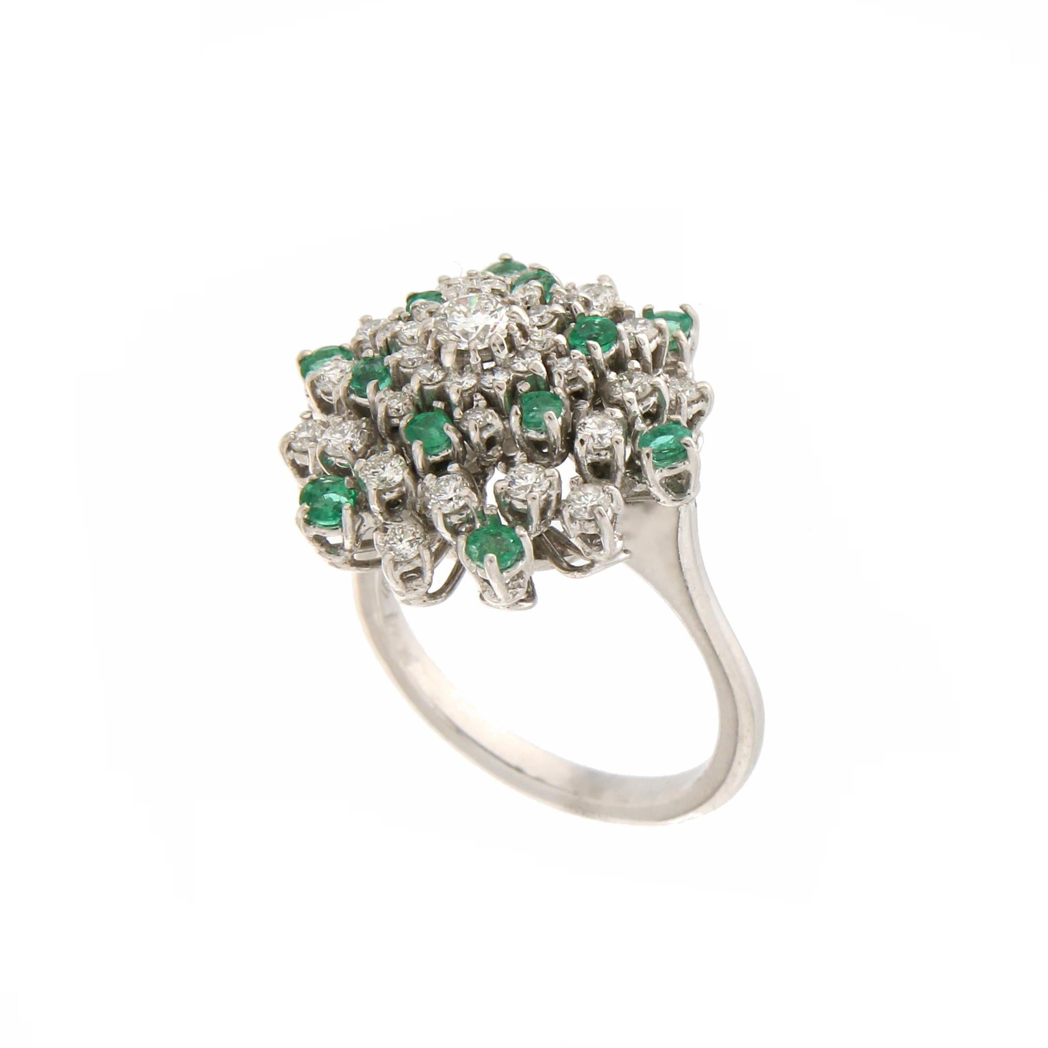 Artisan Handcraft Emeralds 18 Karat White Gold Diamonds Cocktail Ring For Sale
