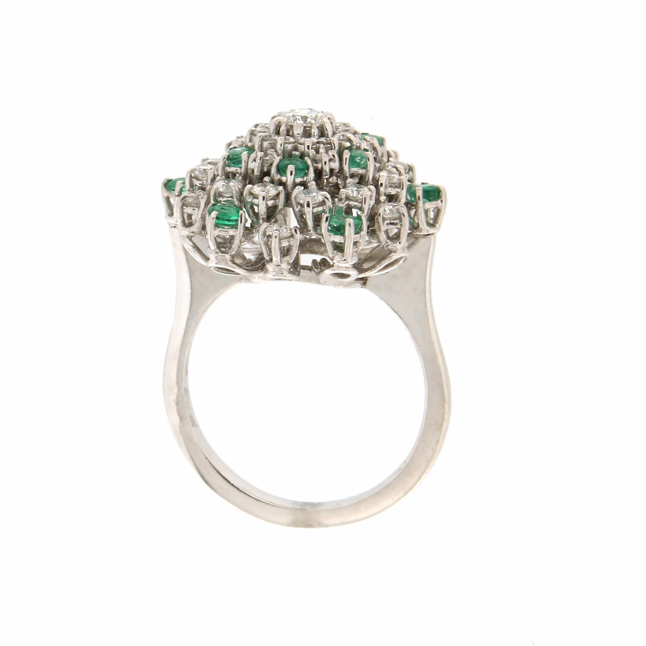 Brilliant Cut Handcraft Emeralds 18 Karat White Gold Diamonds Cocktail Ring For Sale