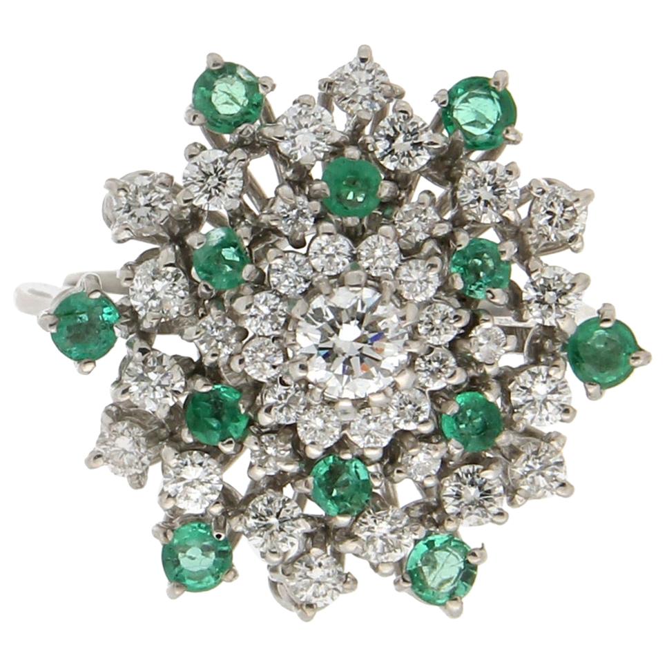 Handcraft Emeralds 18 Karat White Gold Diamonds Cocktail Ring