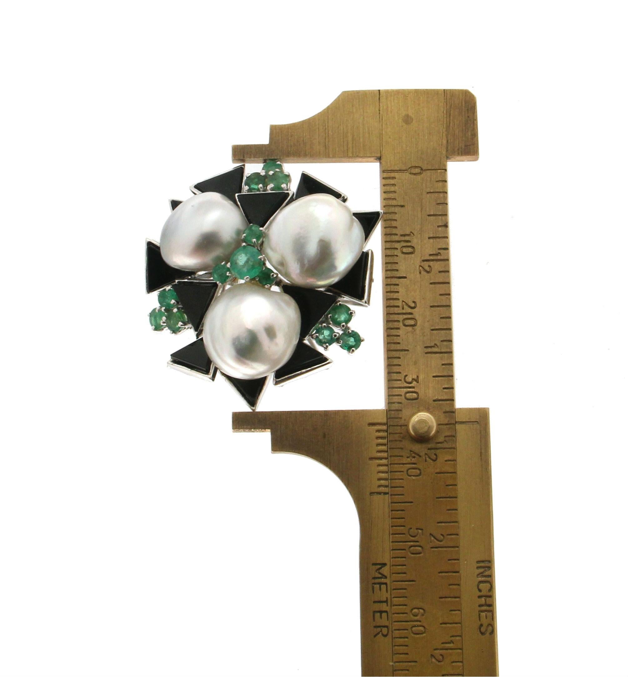 Emerald Cut Handcraft Baroque Pearls 18 Karat White Gold Onyx Emerald Cocktail Ring For Sale