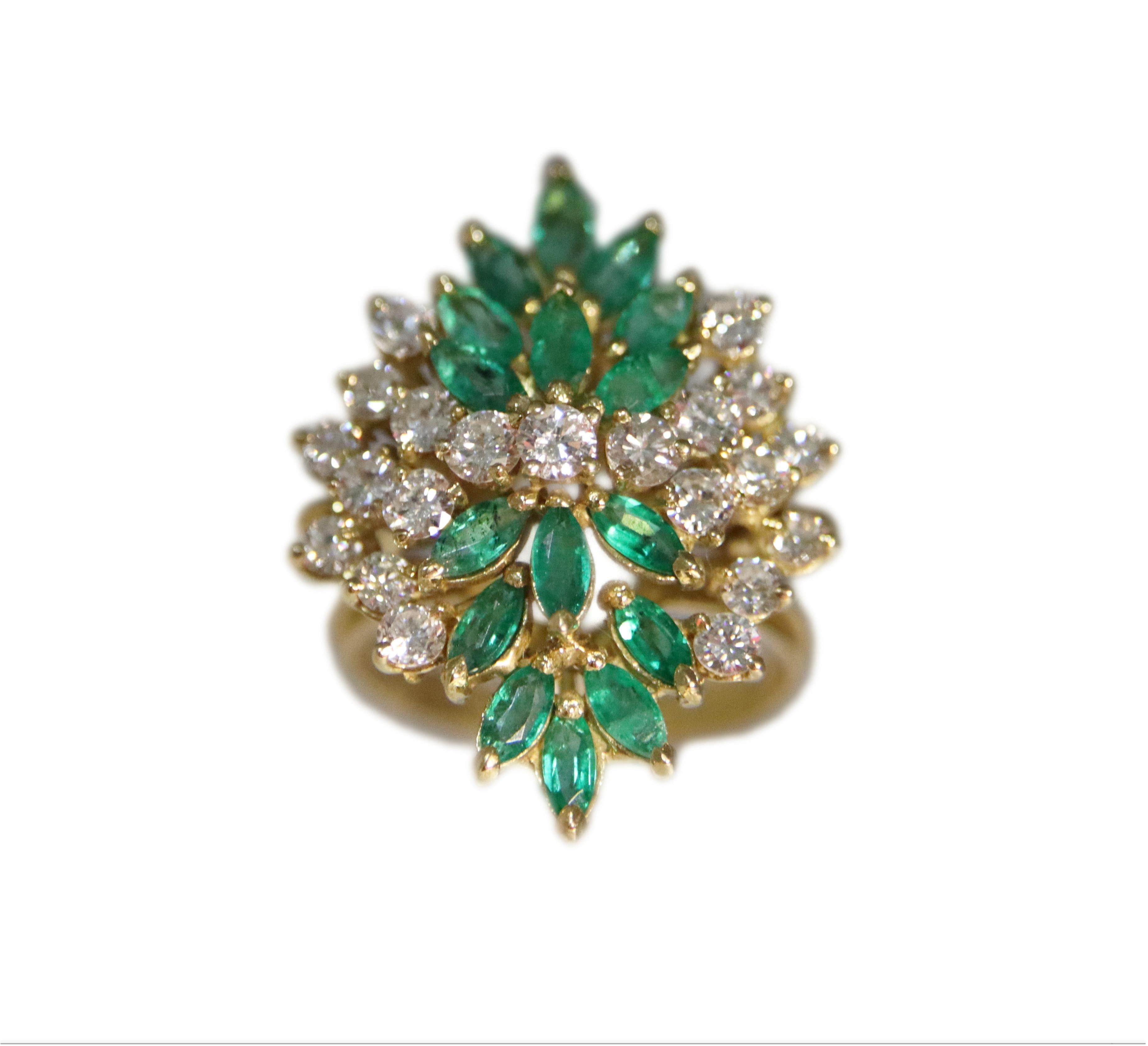 Handcraft Emeralds 18 Karat Yellow Gold Diamonds Cocktail Ring For Sale 4