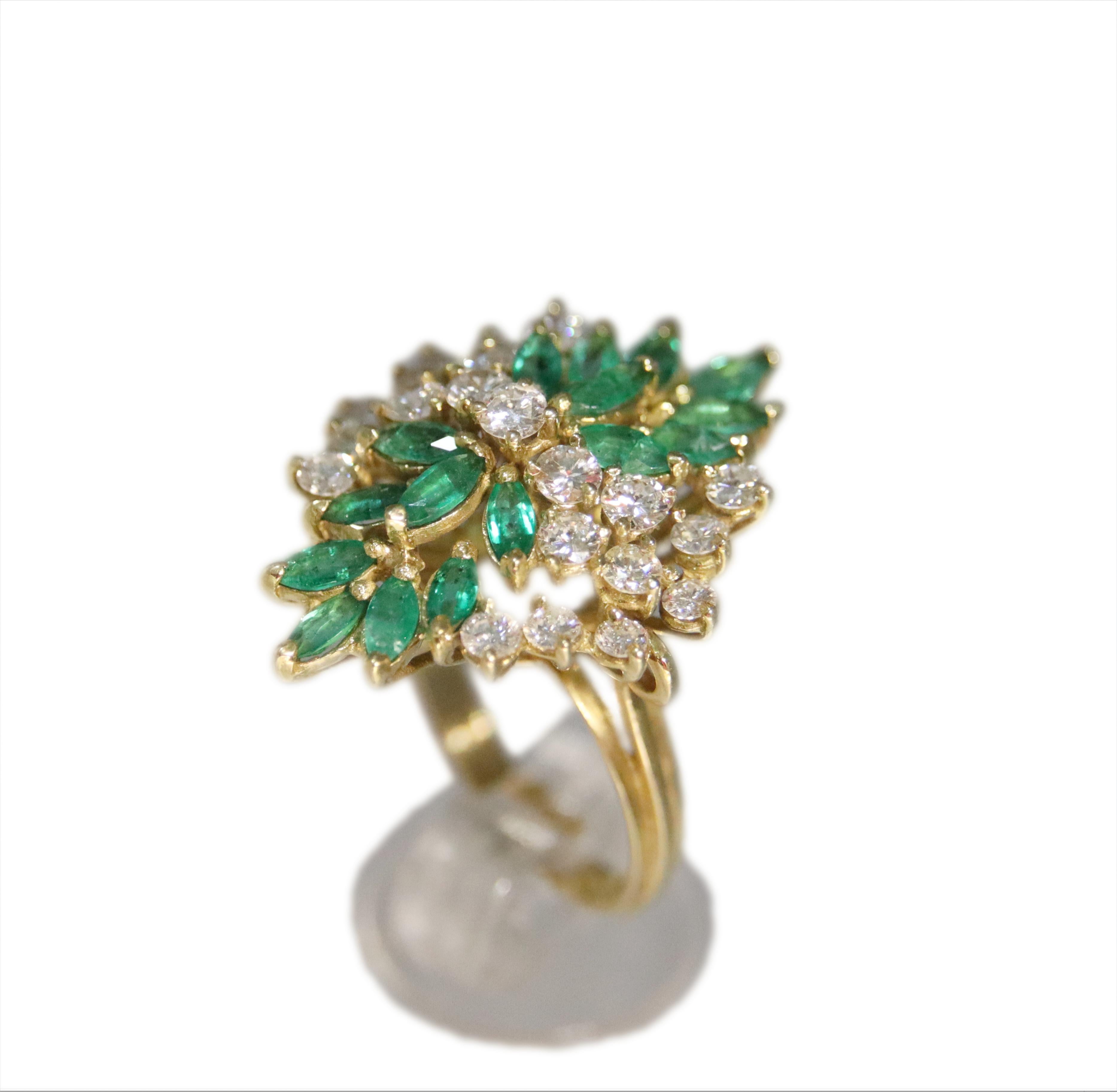 Handcraft Emeralds 18 Karat Yellow Gold Diamonds Cocktail Ring For Sale 6