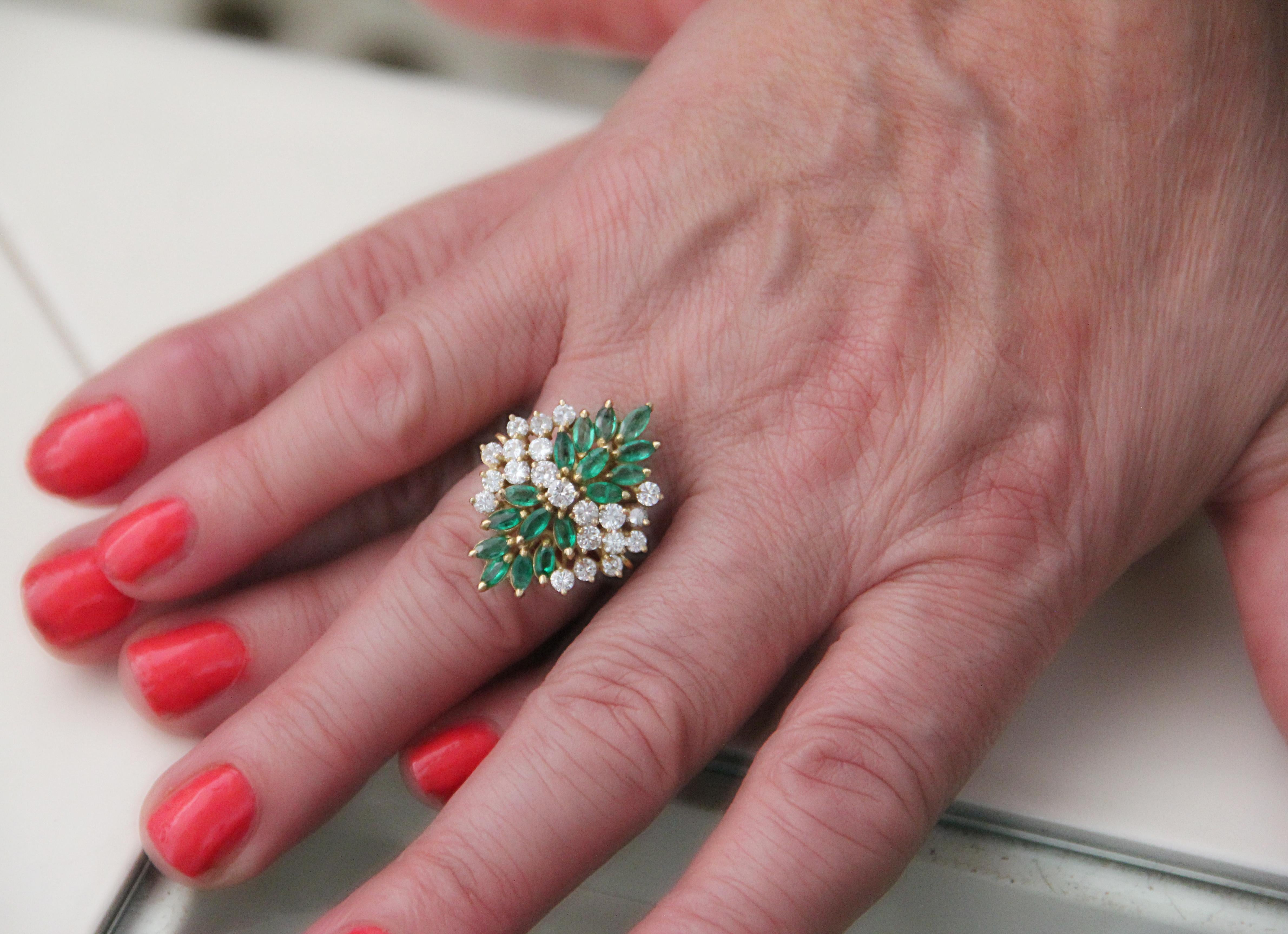 Handcraft Emeralds 18 Karat Yellow Gold Diamonds Cocktail Ring For Sale 11