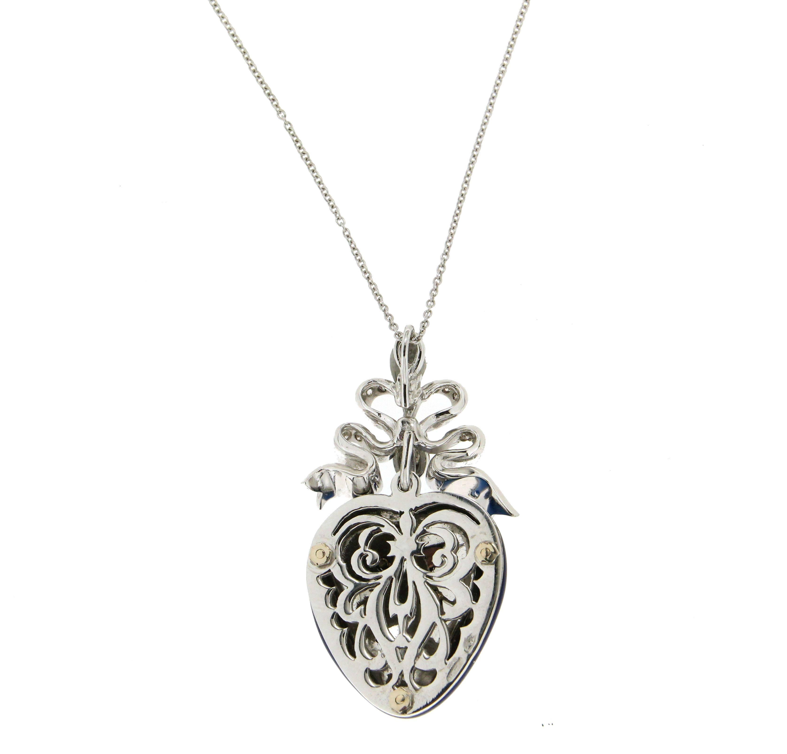 Artisan Handcraft Enamel Heart 18 Karat White Gold Diamonds Pendant Necklace For Sale