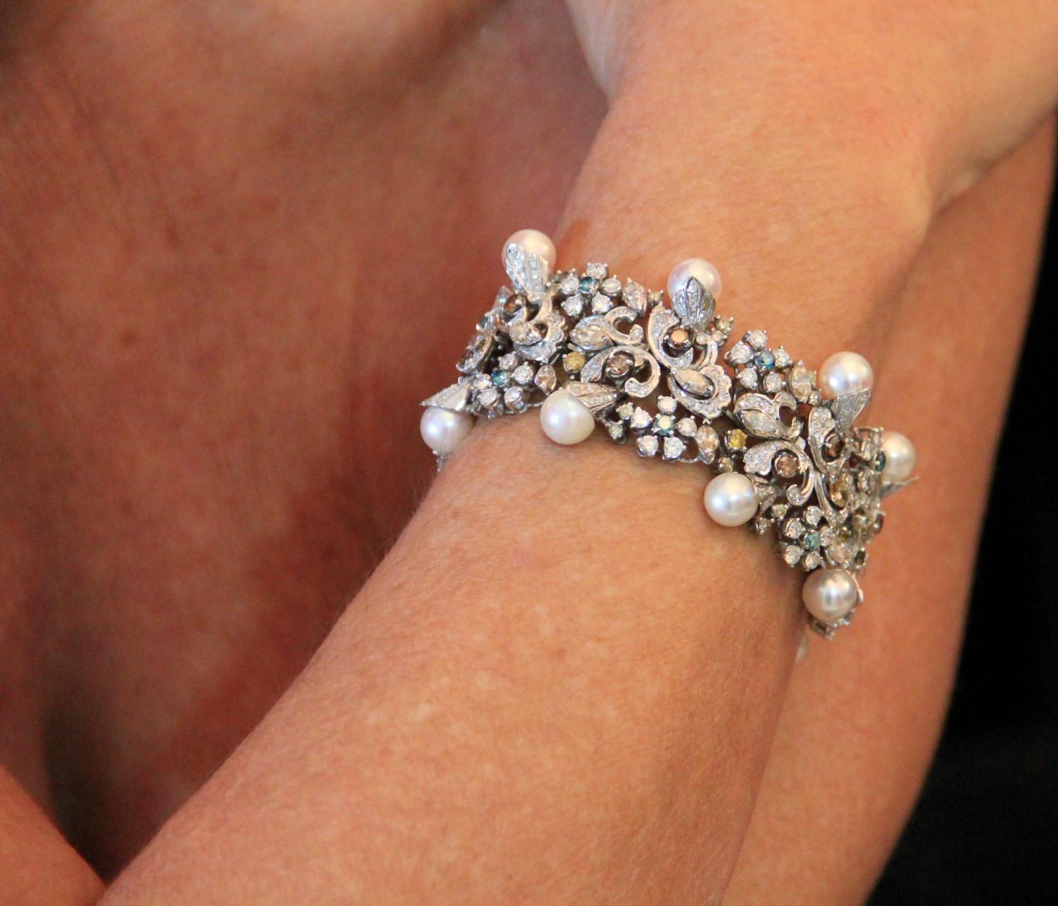 Handcraft Fancy Diamonds 18 Karat White Gold Japan Pearls Cuff Bracelet 6