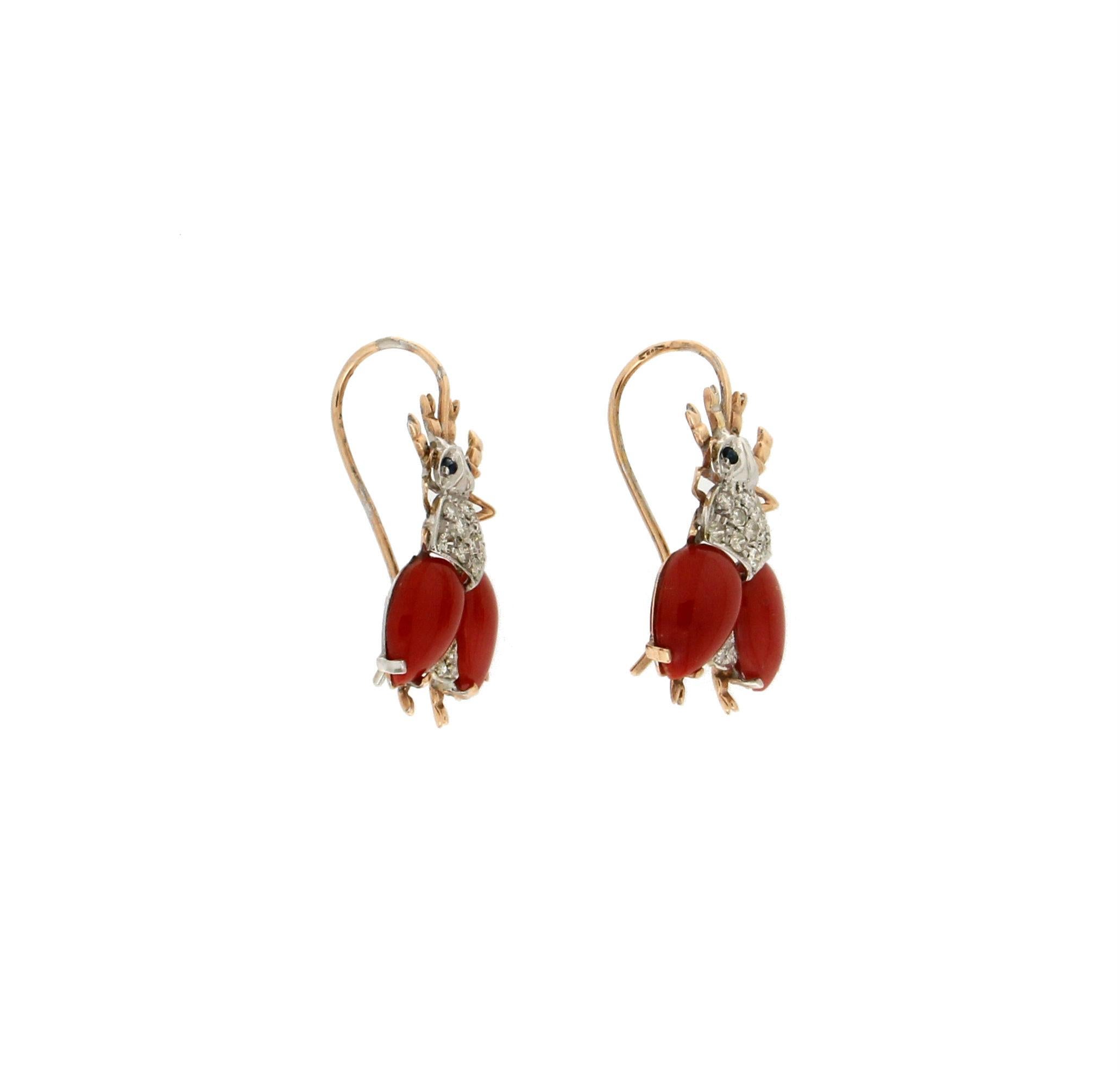 Artisan Handcraft Flies 14 Karat Yellow and White Gold Diamonds Coral Dangle Earrings