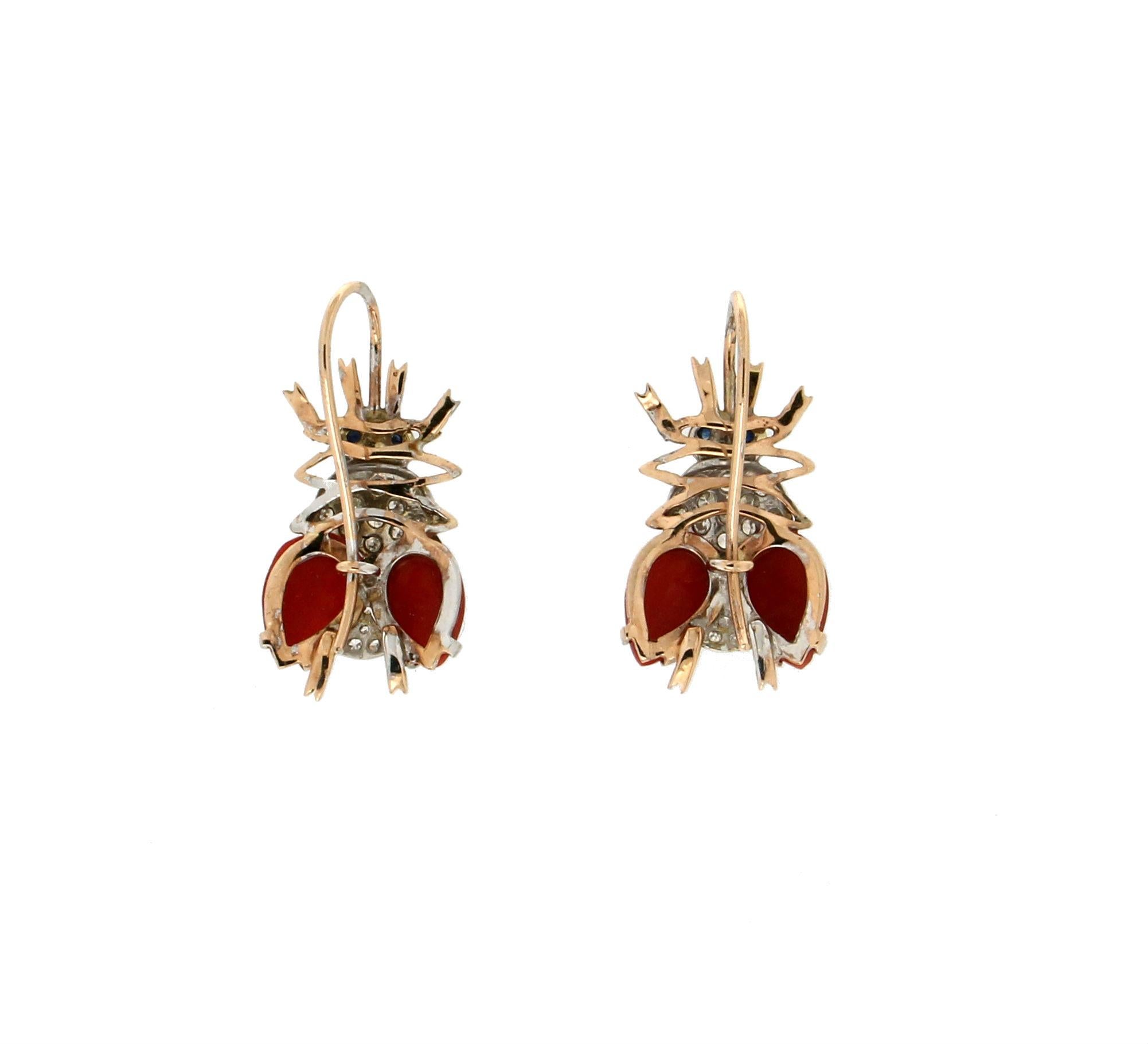 Brilliant Cut Handcraft Flies 14 Karat Yellow and White Gold Diamonds Coral Dangle Earrings