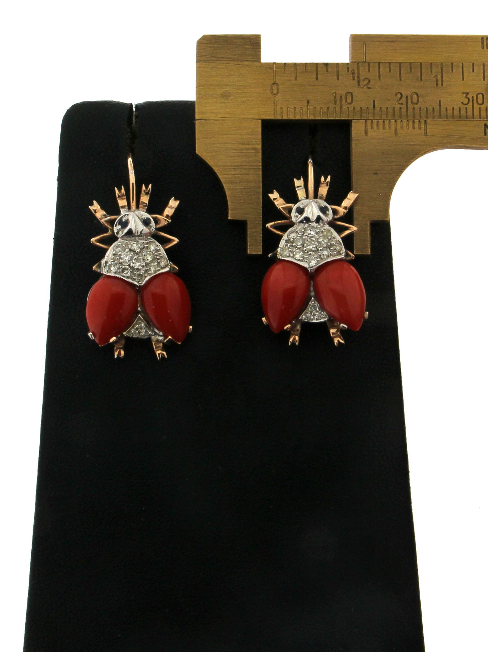 Women's or Men's Handcraft Flies 14 Karat Yellow and White Gold Diamonds Coral Dangle Earrings
