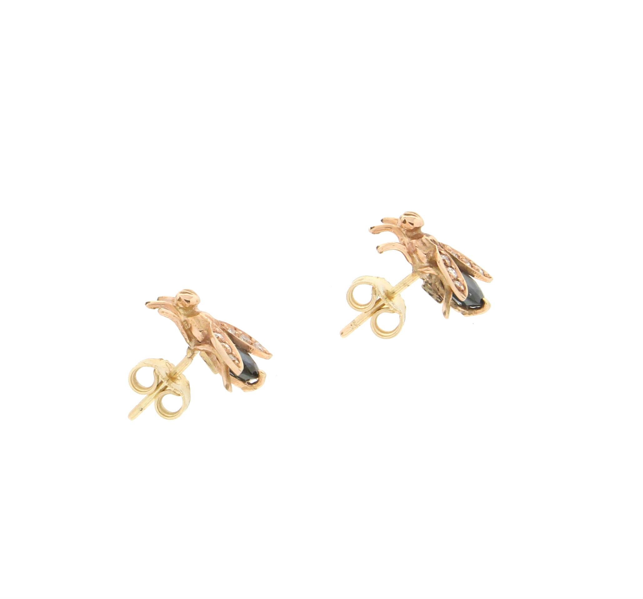 Handcraft Flies 14 Karat Yellow Gold Diamonds Sapphire Stud Earrings In New Condition In Marcianise, IT