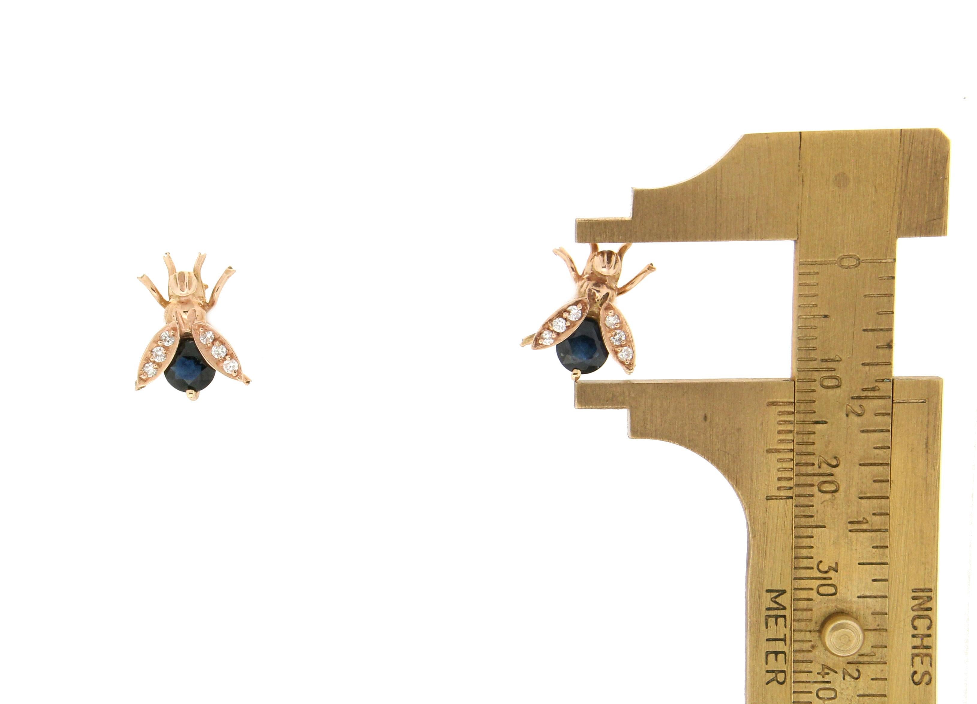 Handcraft Flies 14 Karat Yellow Gold Diamonds Sapphire Stud Earrings 2