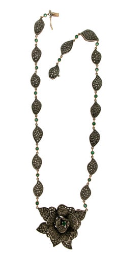 Handcraft Flower 14 Karat Yellow Gold Diamonds Emeralds Drop Necklace