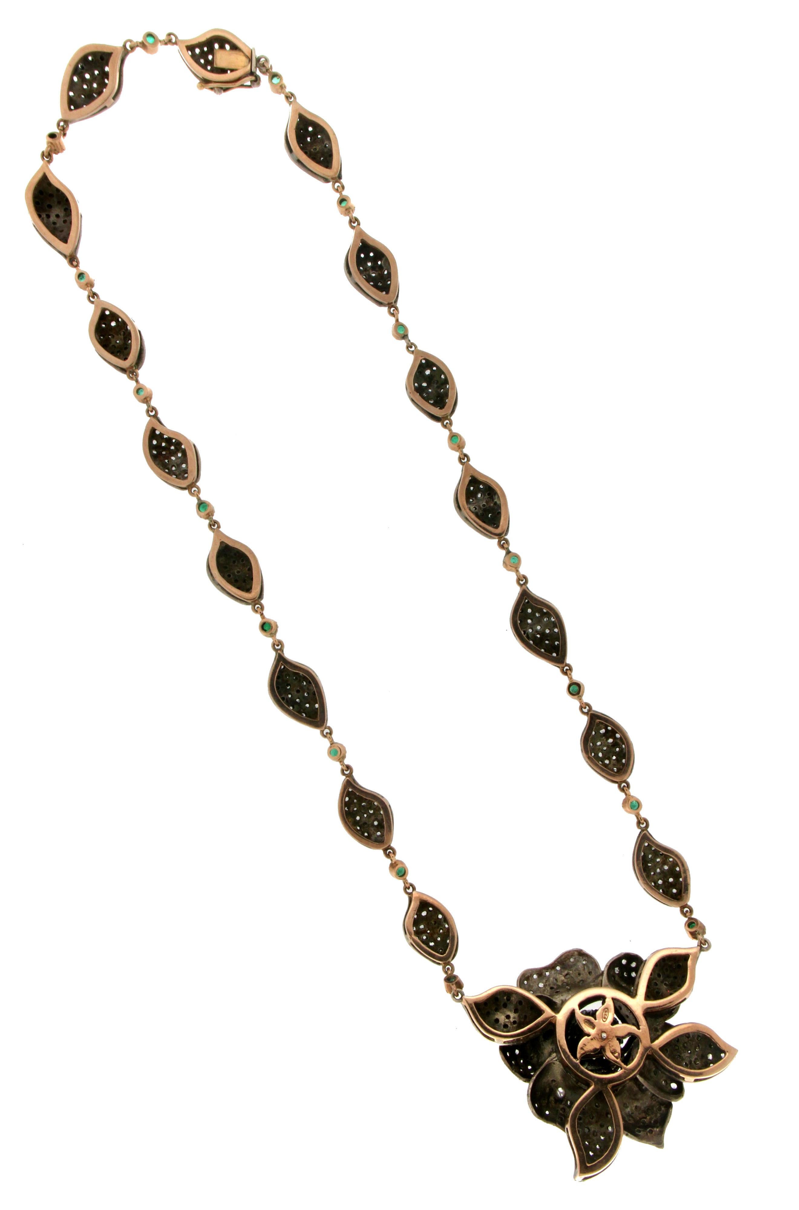 Artisan Handcraft Flower 14 Karat Yellow Gold Diamonds Emeralds Drop Necklace For Sale