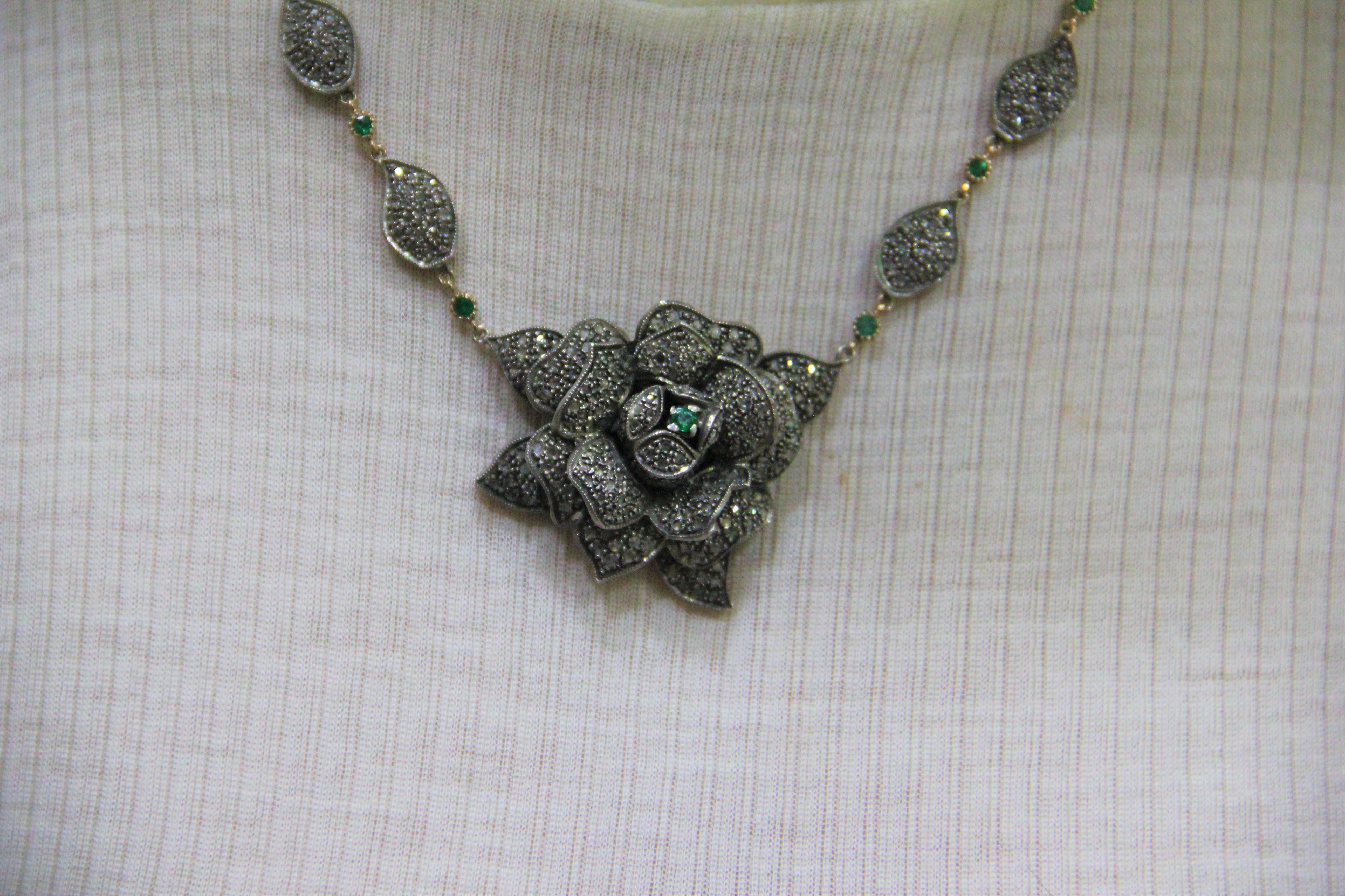 Women's or Men's Handcraft Flower 14 Karat Yellow Gold Diamonds Emeralds Drop Necklace For Sale