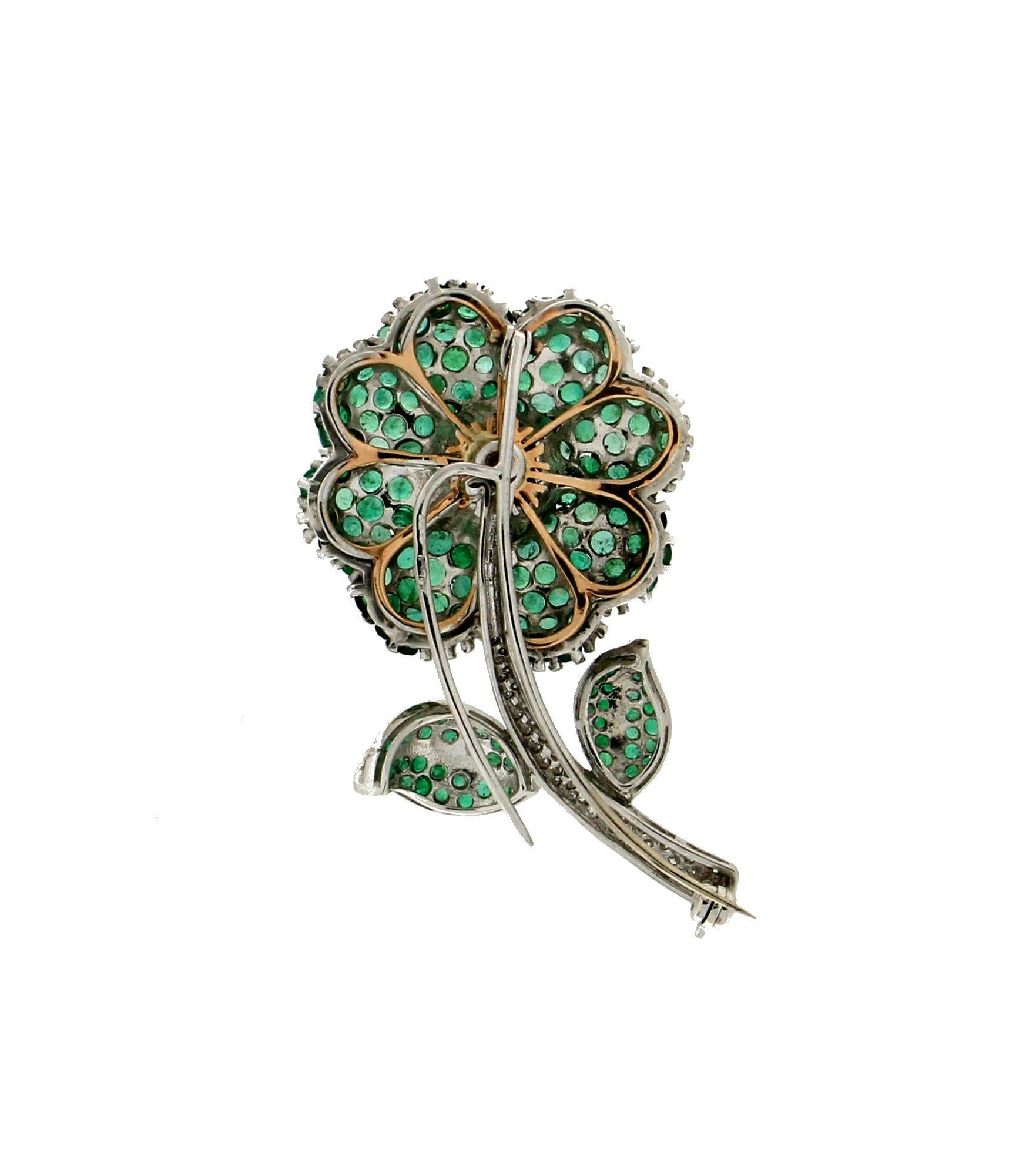 Artisan Handcraft Flower 18 Karat White Gold Diamonds Emeralds Brooch