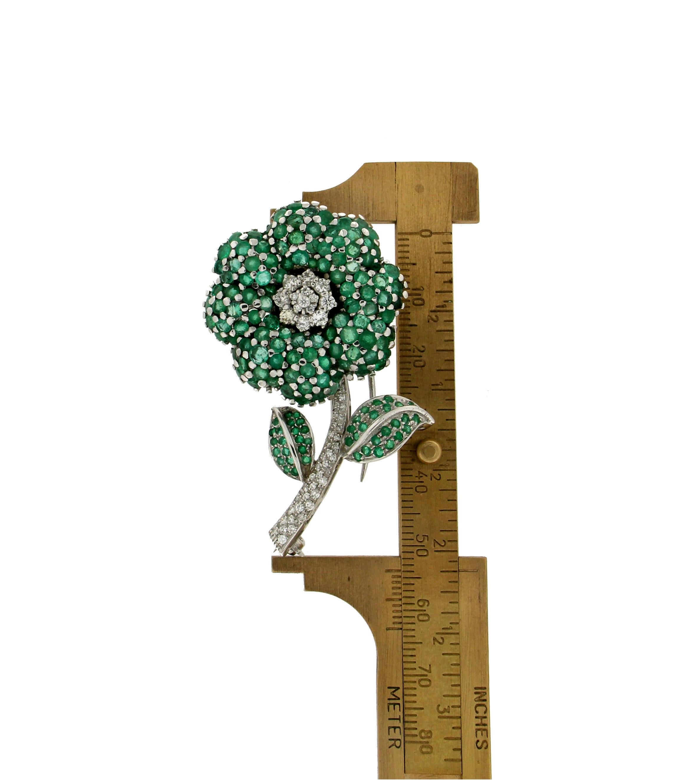 Handcraft Flower 18 Karat White Gold Diamonds Emeralds Brooch In New Condition In Marcianise, IT