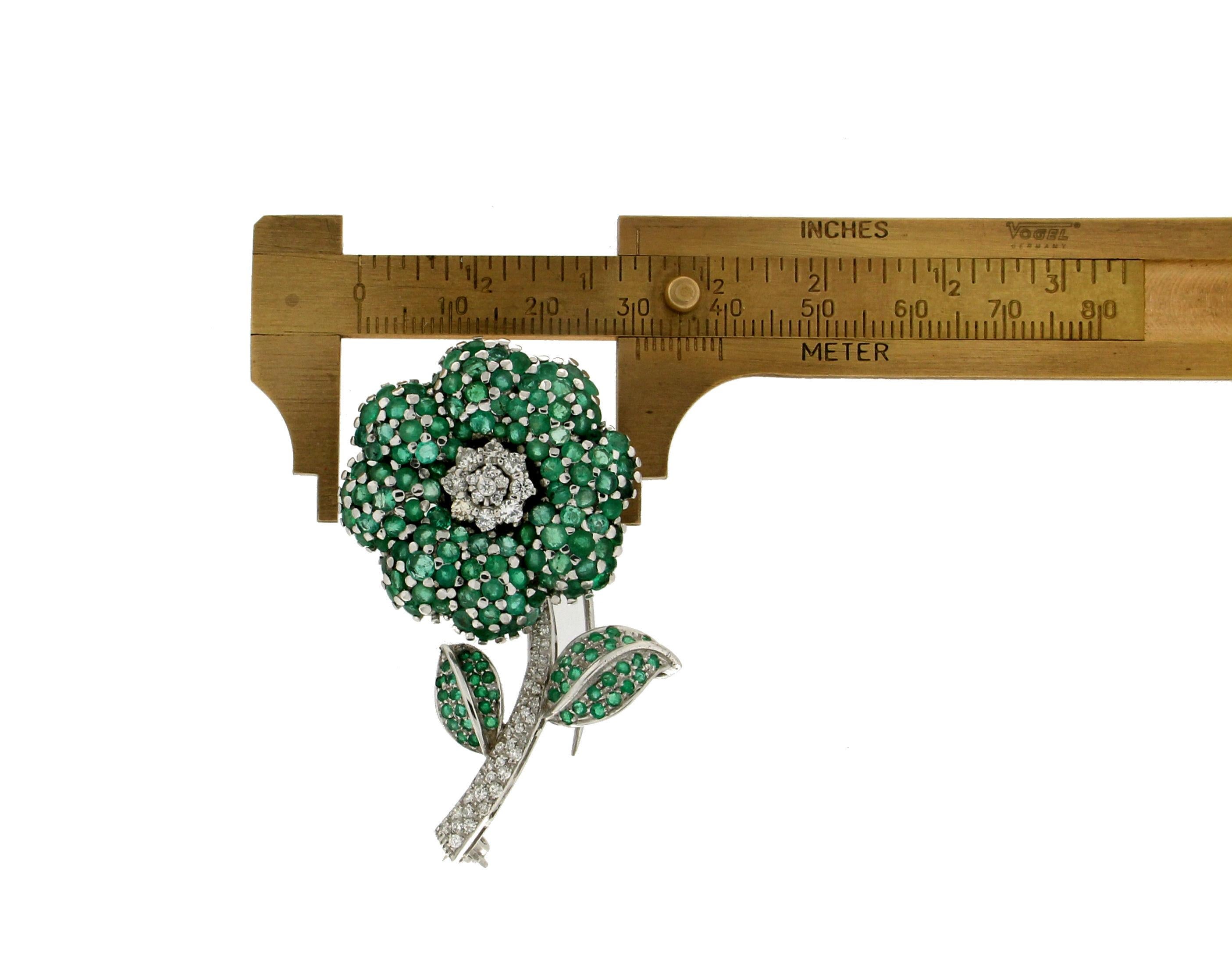 Women's Handcraft Flower 18 Karat White Gold Diamonds Emeralds Brooch