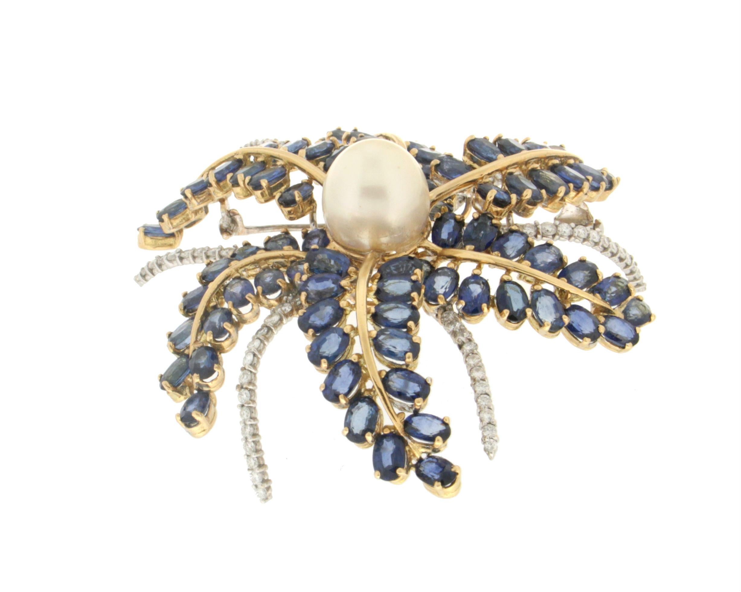 Artisan Handcraft Flower 18 Karat Yellow and White Gold Sapphires Diamonds Pearl Brooch For Sale