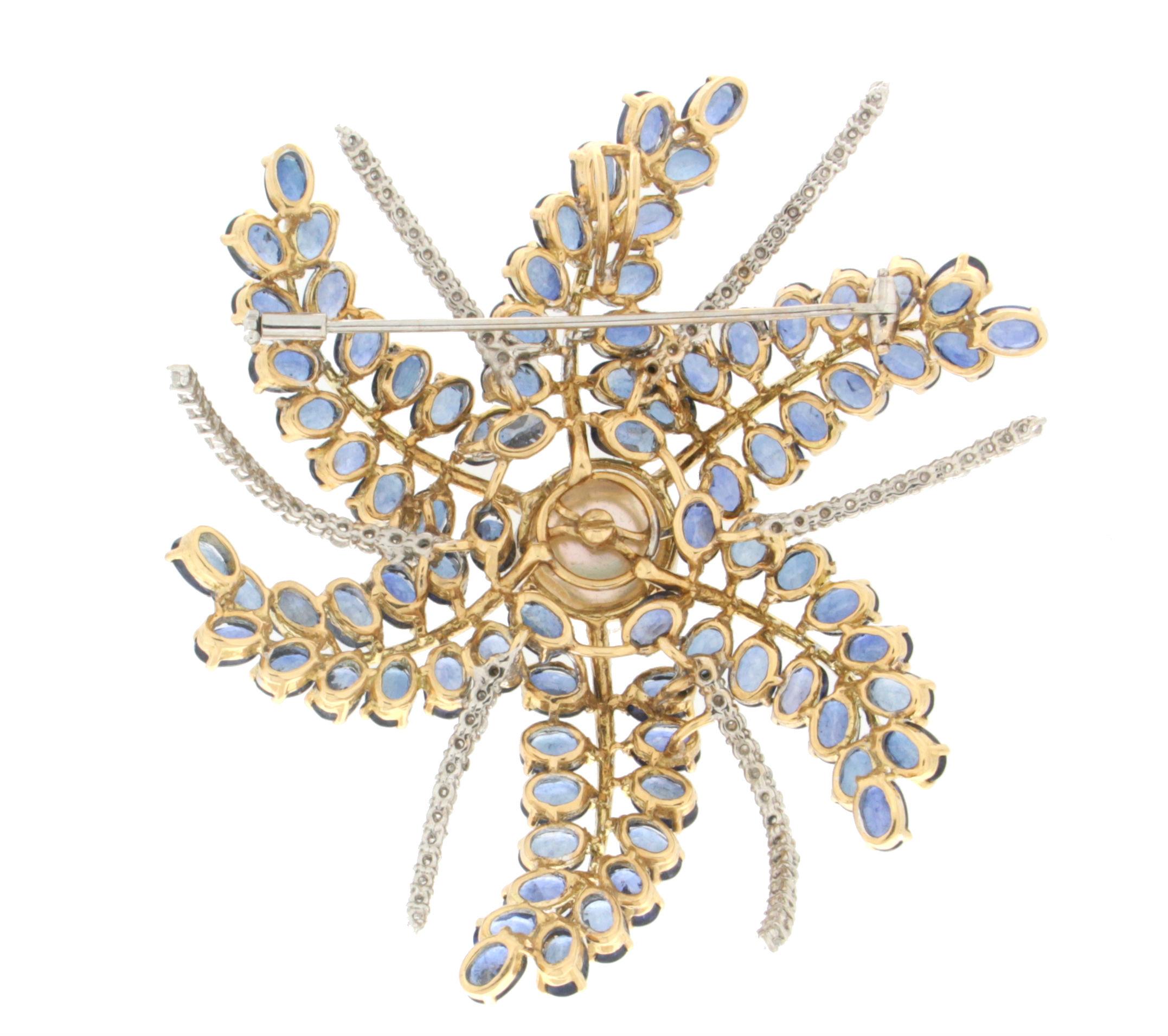 Brilliant Cut Handcraft Flower 18 Karat Yellow and White Gold Sapphires Diamonds Pearl Brooch For Sale
