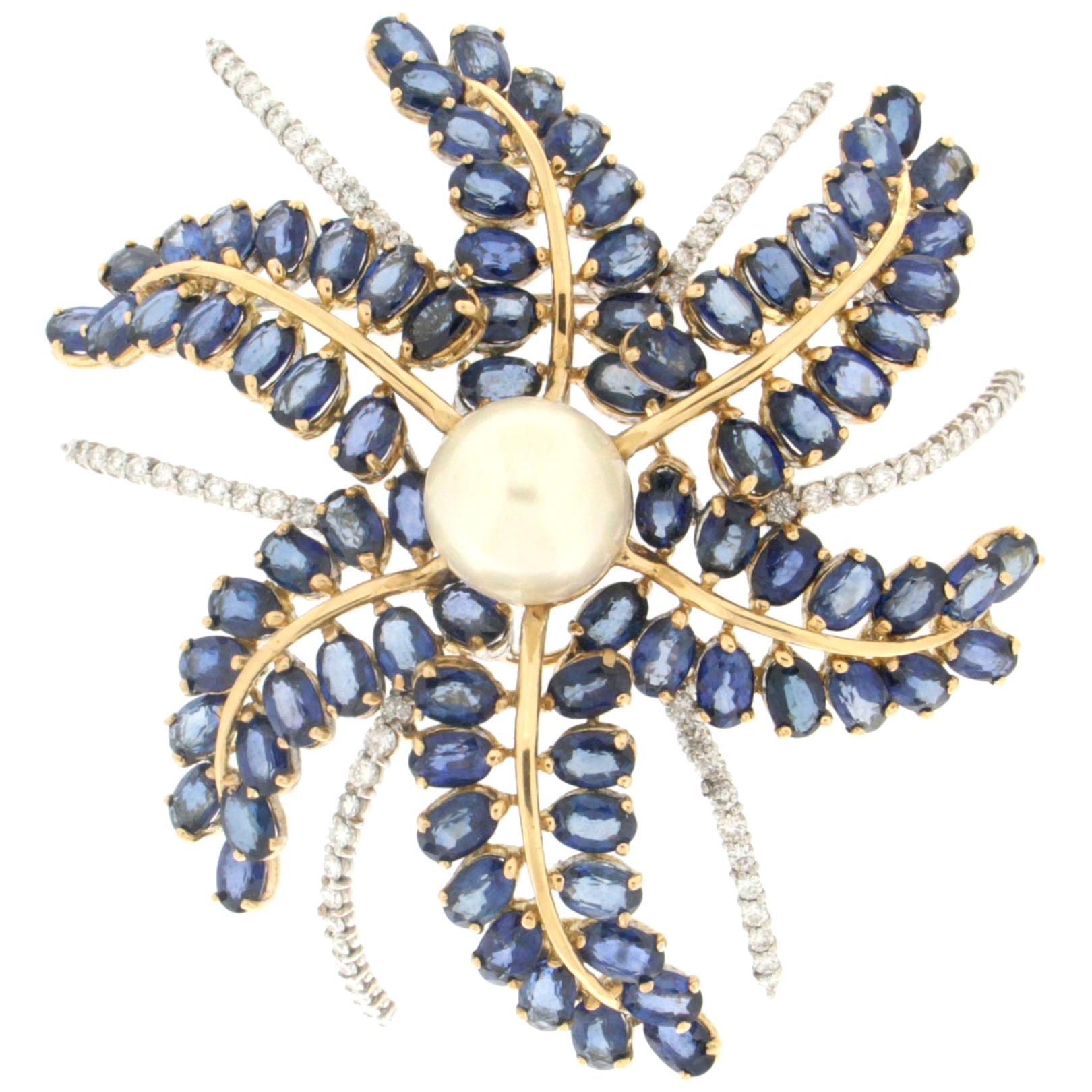 Handcraft Flower 18 Karat Yellow and White Gold Sapphires Diamonds Pearl Brooch For Sale