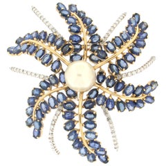 Handcraft Flower 18 Karat Yellow and White Gold Sapphires Diamonds Pearl Brooch