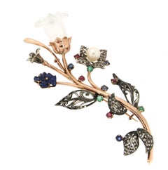 Handcraft Flower 9 Karat Yellow Gold Diamonds Precious Stones Brooch